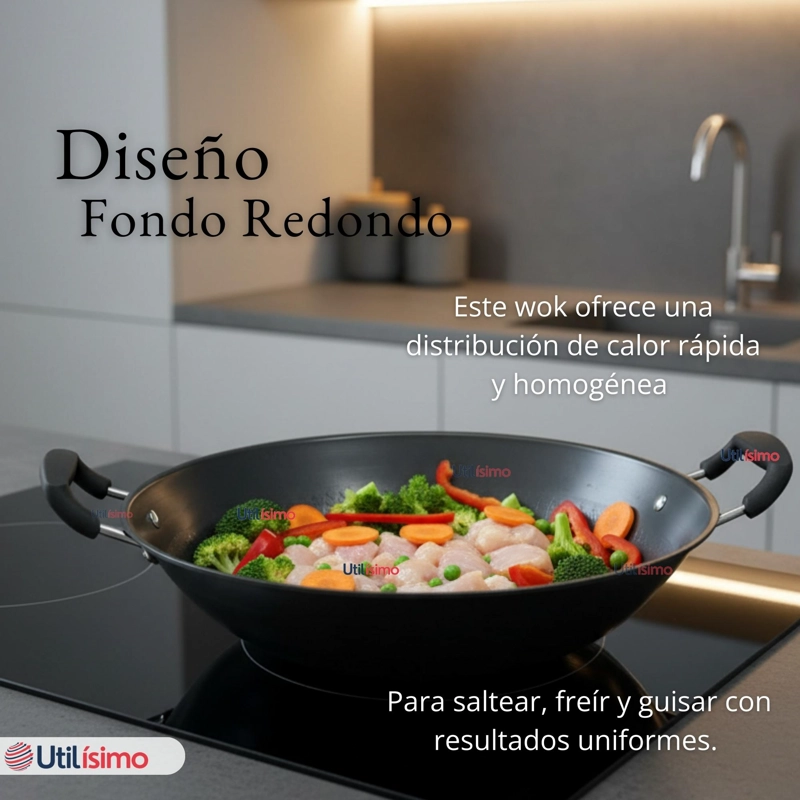 WOK ACERO INOXIDABLE ANTIADHERENTE 42 CM COLOR NEGRO - 8