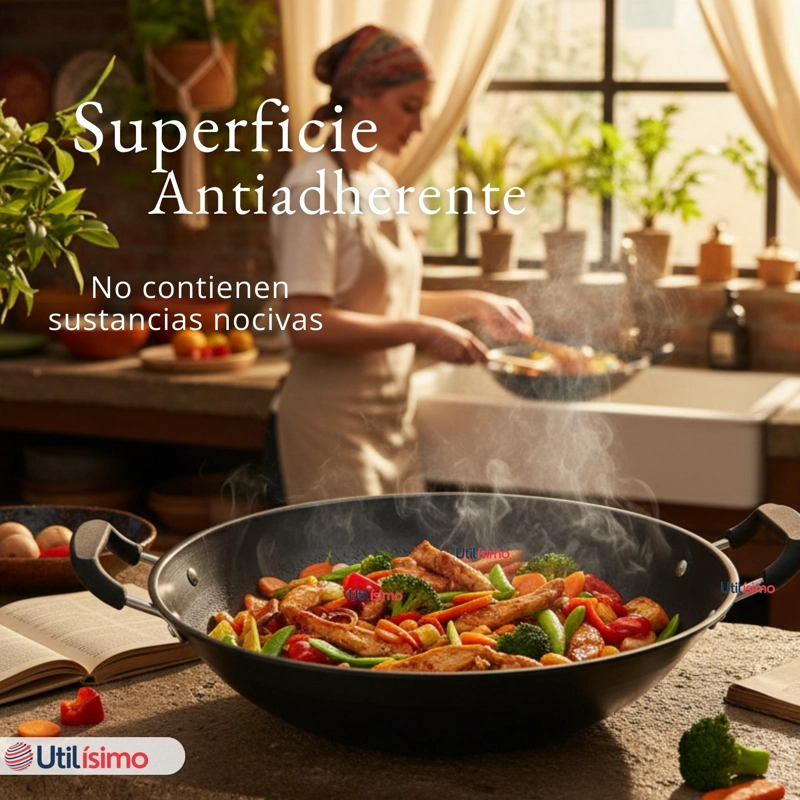 WOK ACERO INOXIDABLE ANTIADHERENTE 42 CM COLOR NEGRO - 9