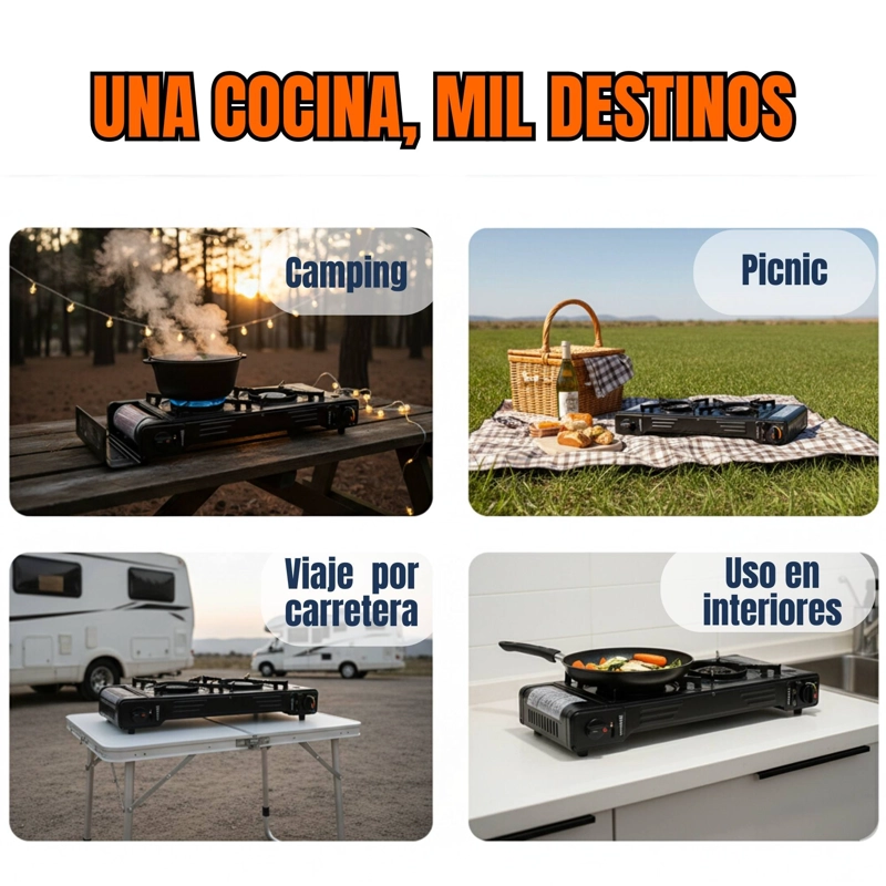 COCINA PORTATIL COCINILLA CAMPING 2 PLATOS + 4 LATAS DE GAS - 3
