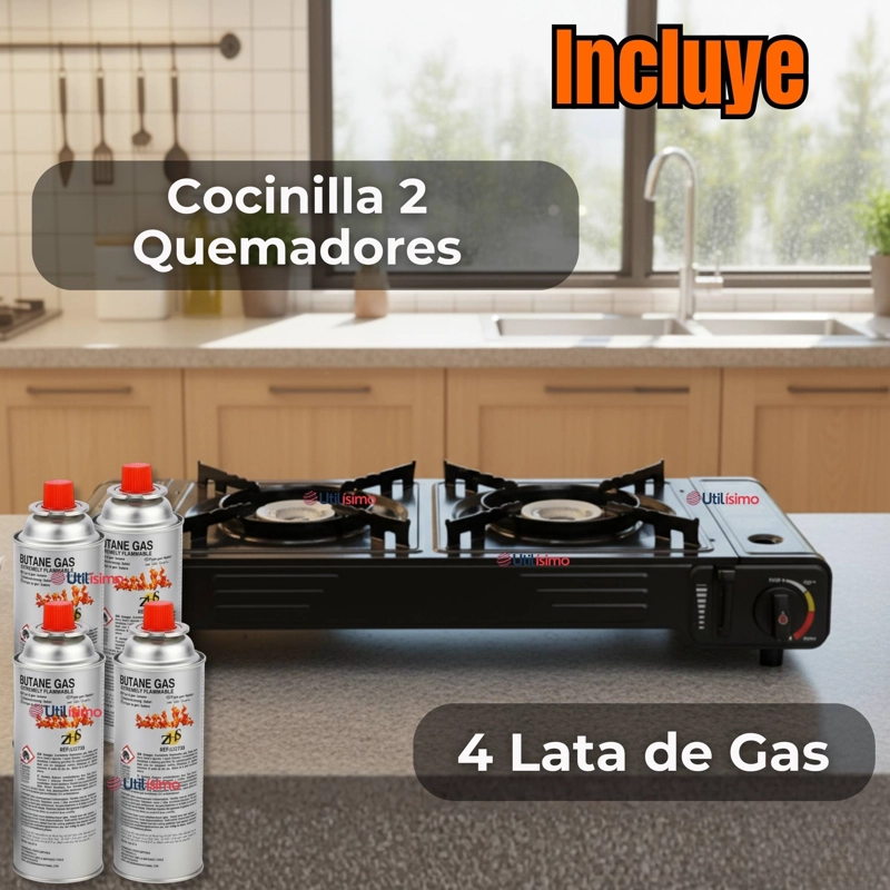 COCINA PORTATIL COCINILLA CAMPING 2 PLATOS + 4 LATAS DE GAS - 6