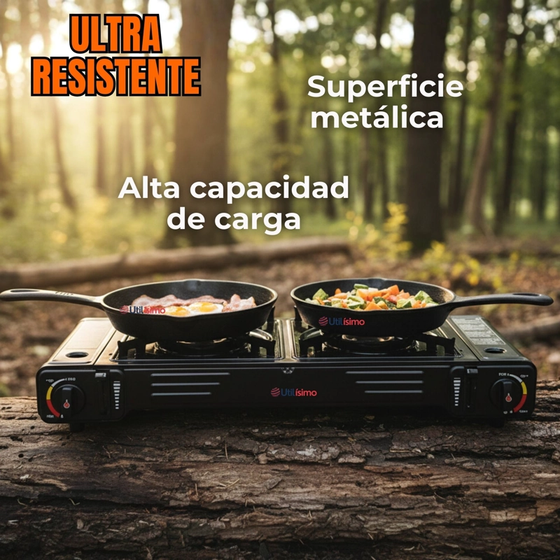 COCINA PORTATIL COCINILLA CAMPING 2 PLATOS + 4 LATAS DE GAS - 11