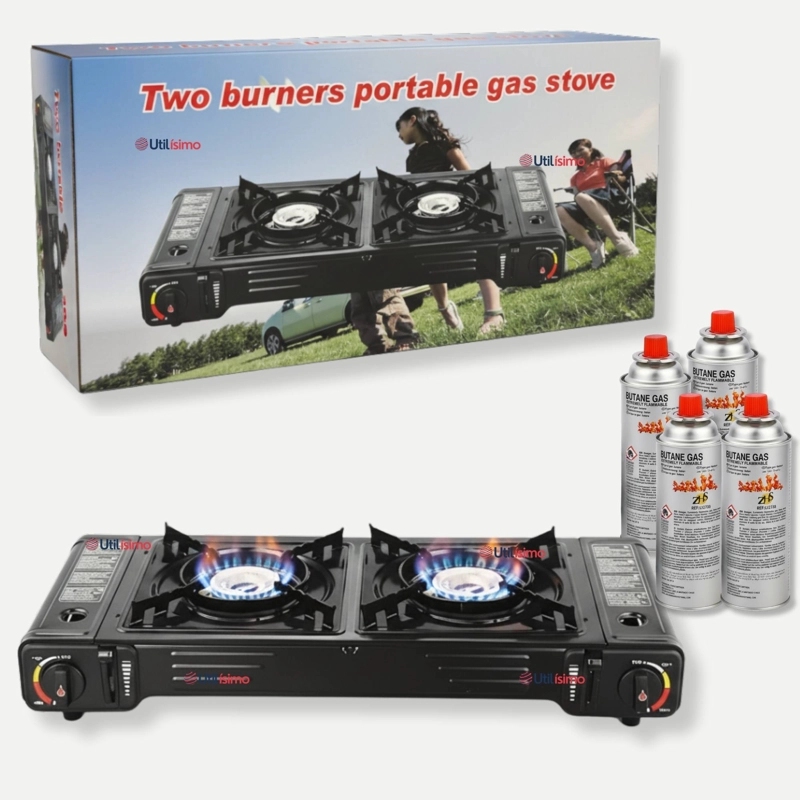 COCINA PORTATIL COCINILLA CAMPING 2 PLATOS + 4 LATAS DE GAS - 1