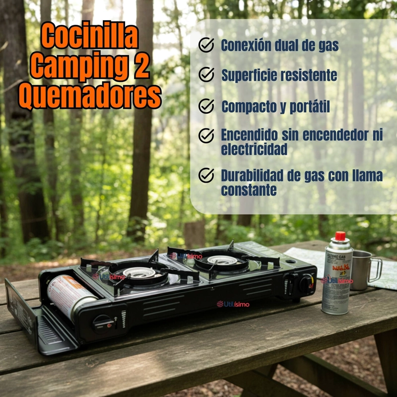 COCINA PORTATIL COCINILLA CAMPING 2 PLATOS + 4 LATAS DE GAS - 7