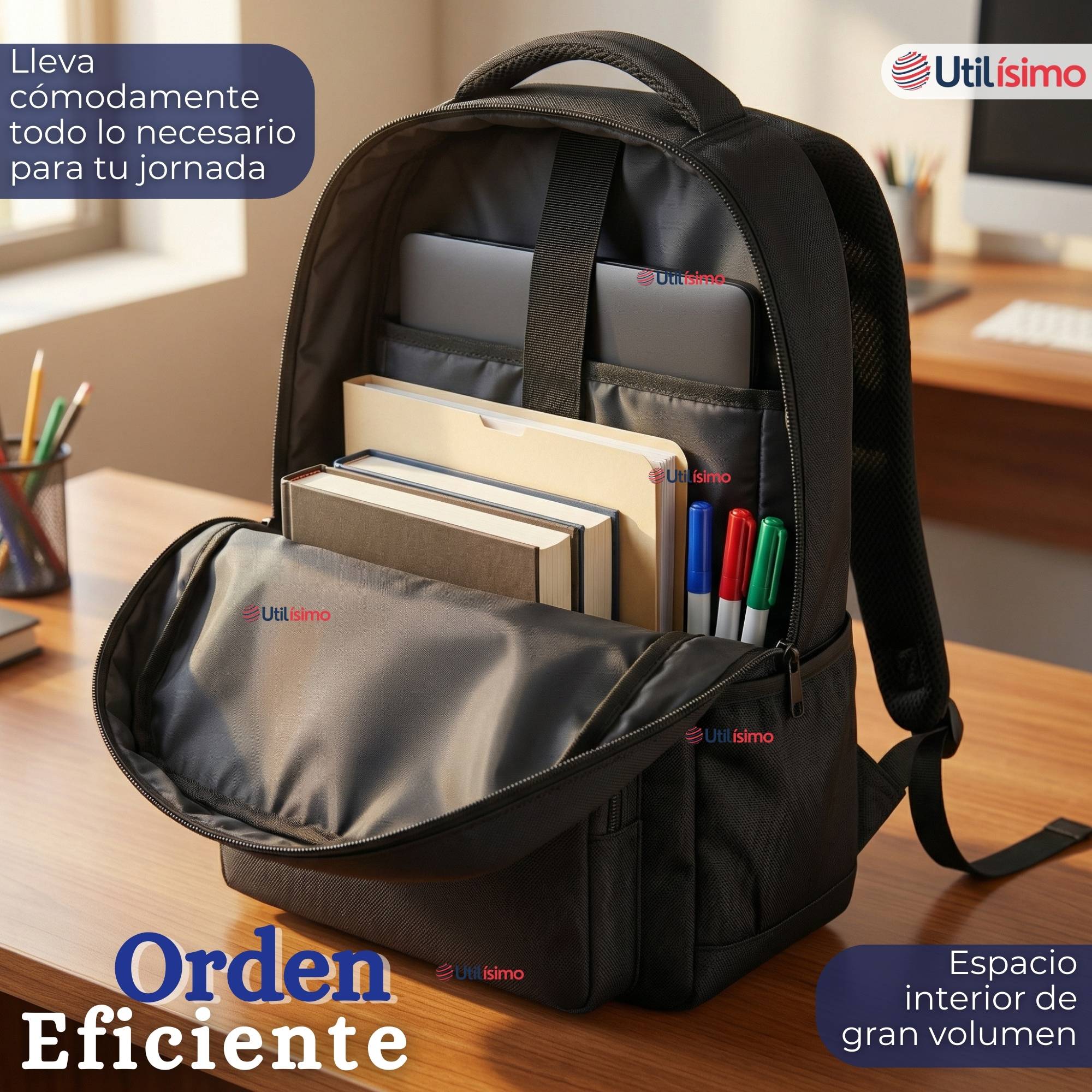 MOCHILA EJECUTIVA OFICINA NOTEBOOK IMPERMEABLE RESISTENTE 48CM NEGRO 25L - 5