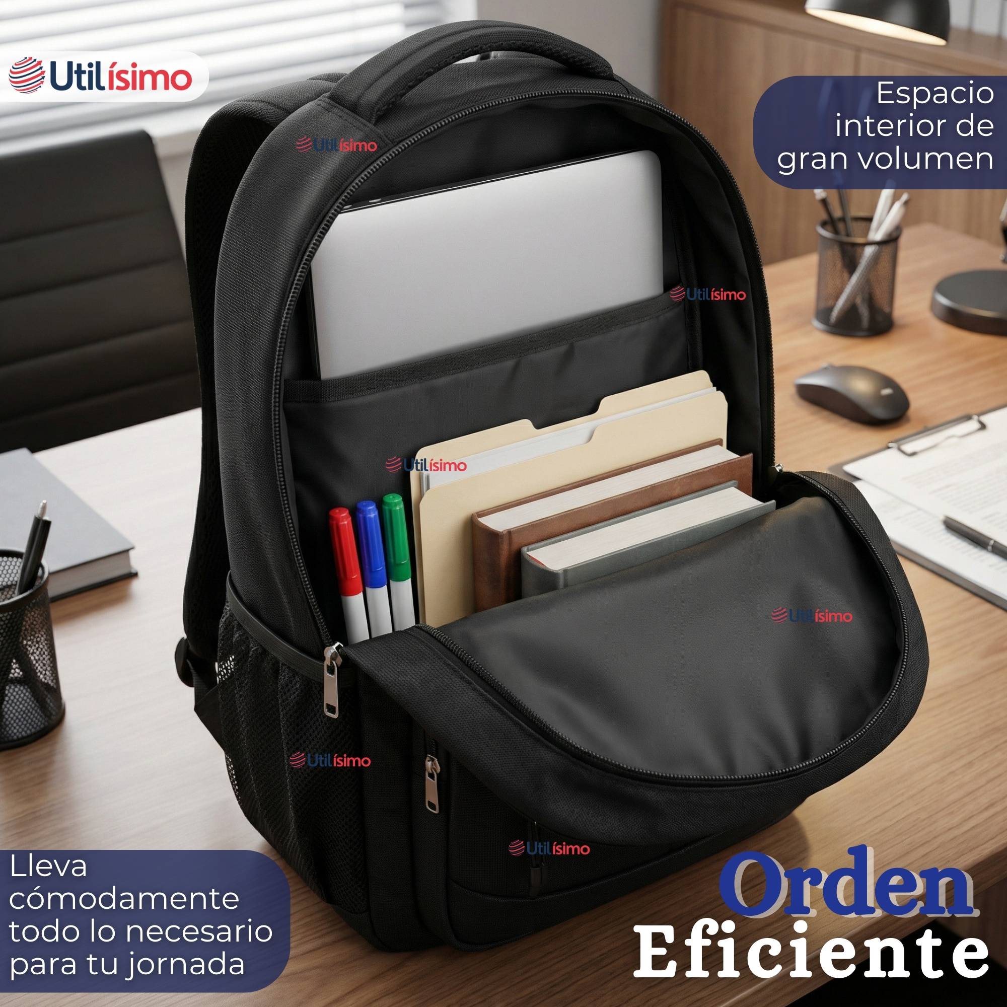 MOCHILA EJECUTIVA OFICINA NOTEBOOK IMPERMEABLE RESISTENTE 46CM NEGRO 23L - 8