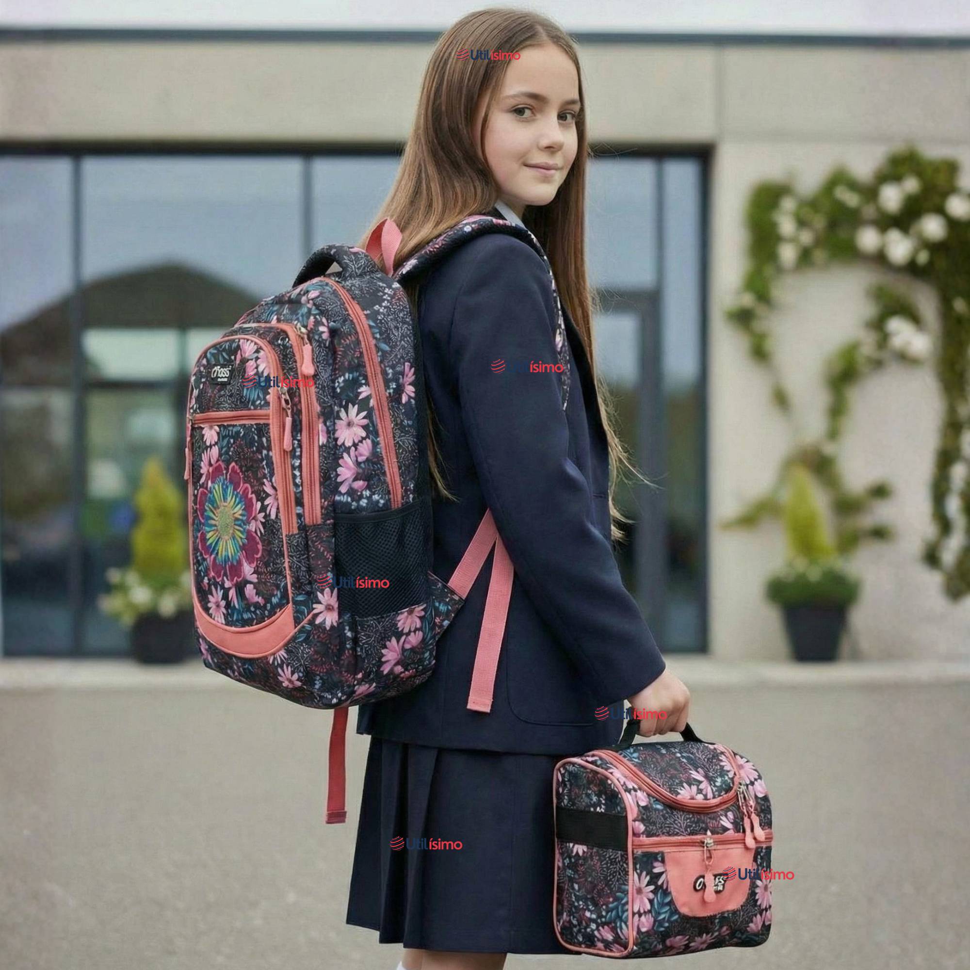 MOCHILA BOLSO ESCOLAR + ESTUCHE + LONCHERA 45CM NIÑA TELA OXFORD NIGHT BLOSSOM - 1