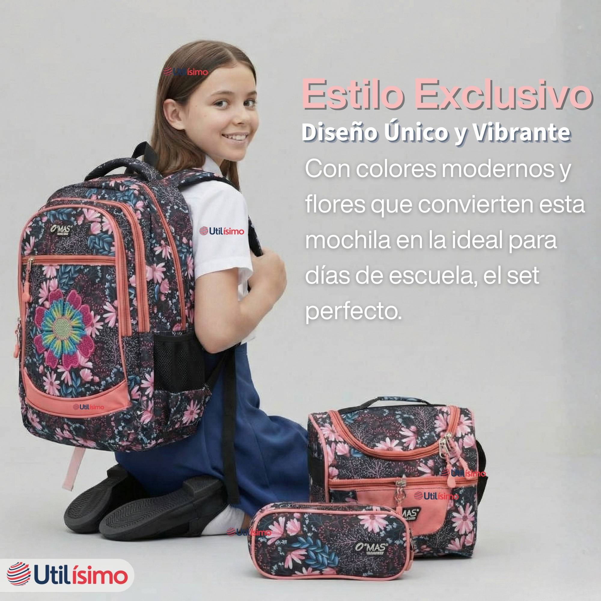MOCHILA BOLSO ESCOLAR + ESTUCHE + LONCHERA 45CM NIÑA TELA OXFORD NIGHT BLOSSOM - 5