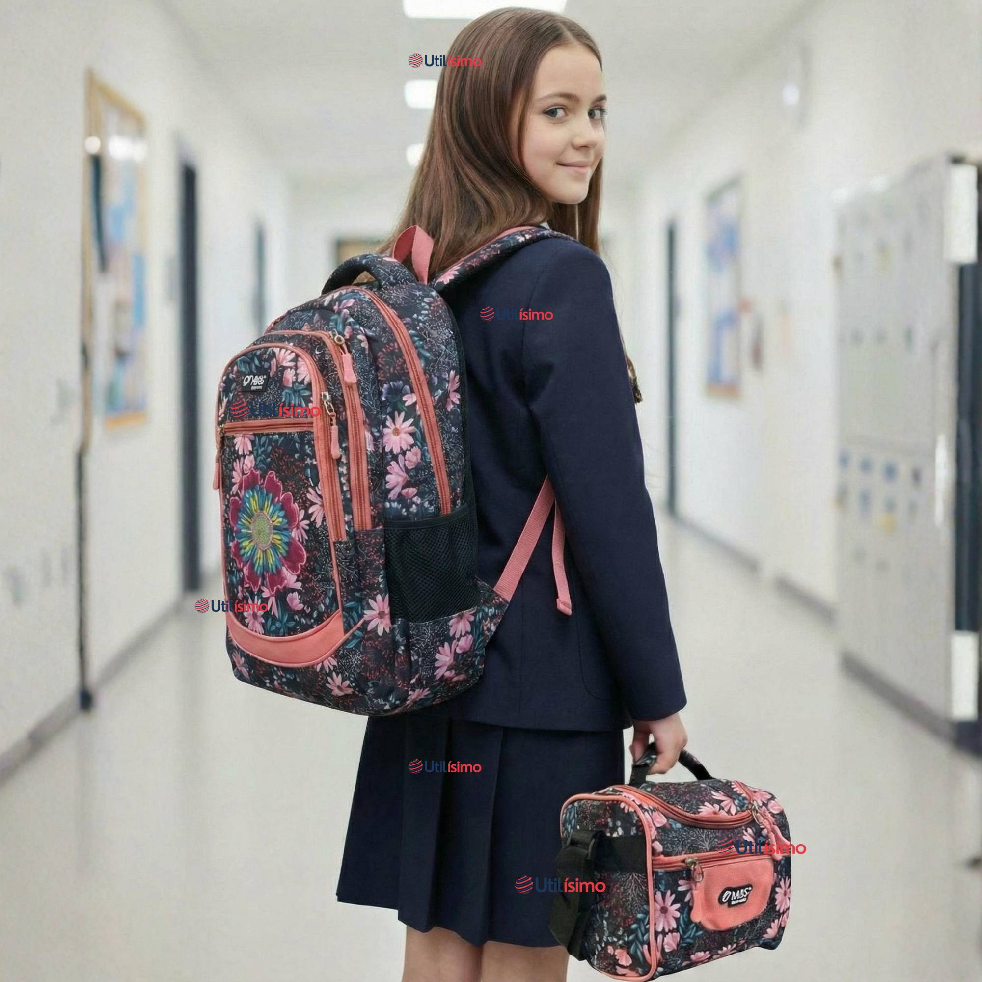 MOCHILA BOLSO ESCOLAR + ESTUCHE + LONCHERA 45CM NIÑA TELA OXFORD NIGHT BLOSSOM - 1