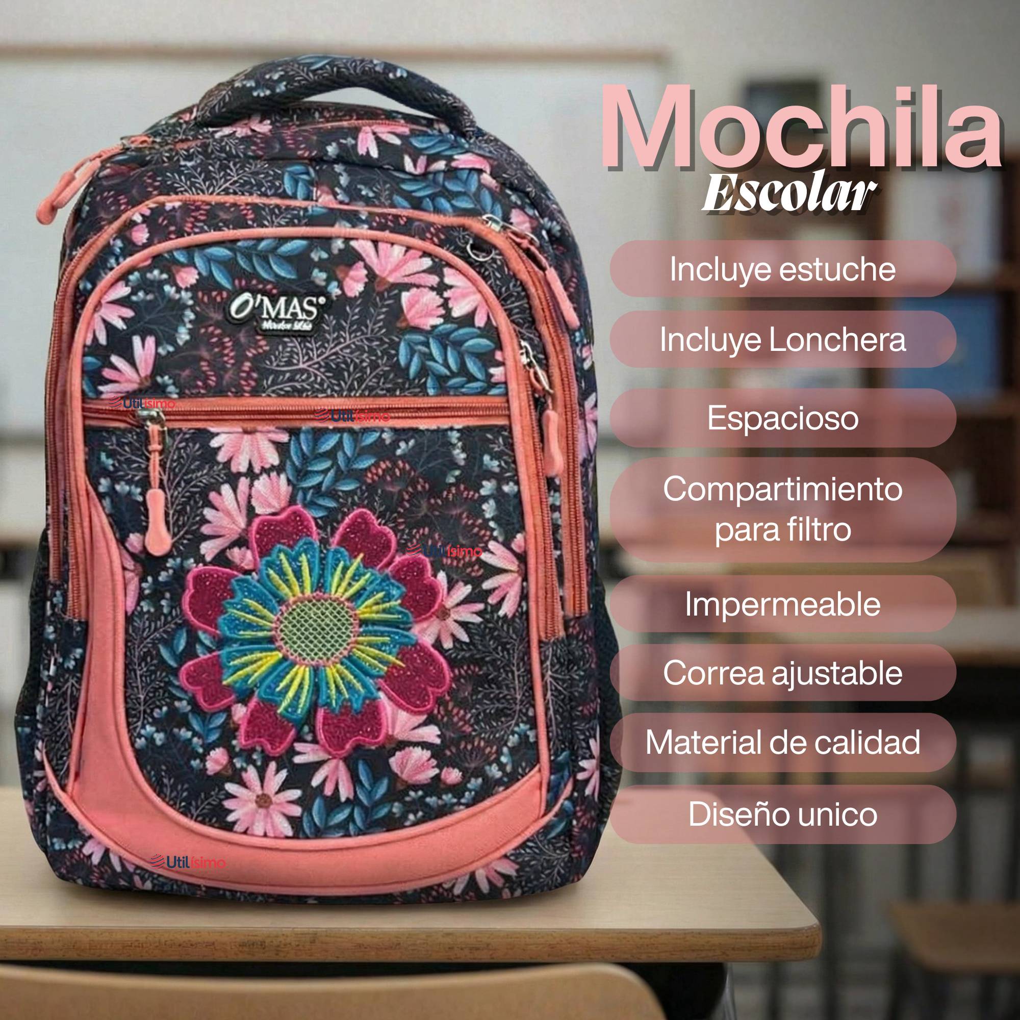 MOCHILA BOLSO ESCOLAR + ESTUCHE + LONCHERA 45CM NIÑA TELA OXFORD NIGHT BLOSSOM - 3