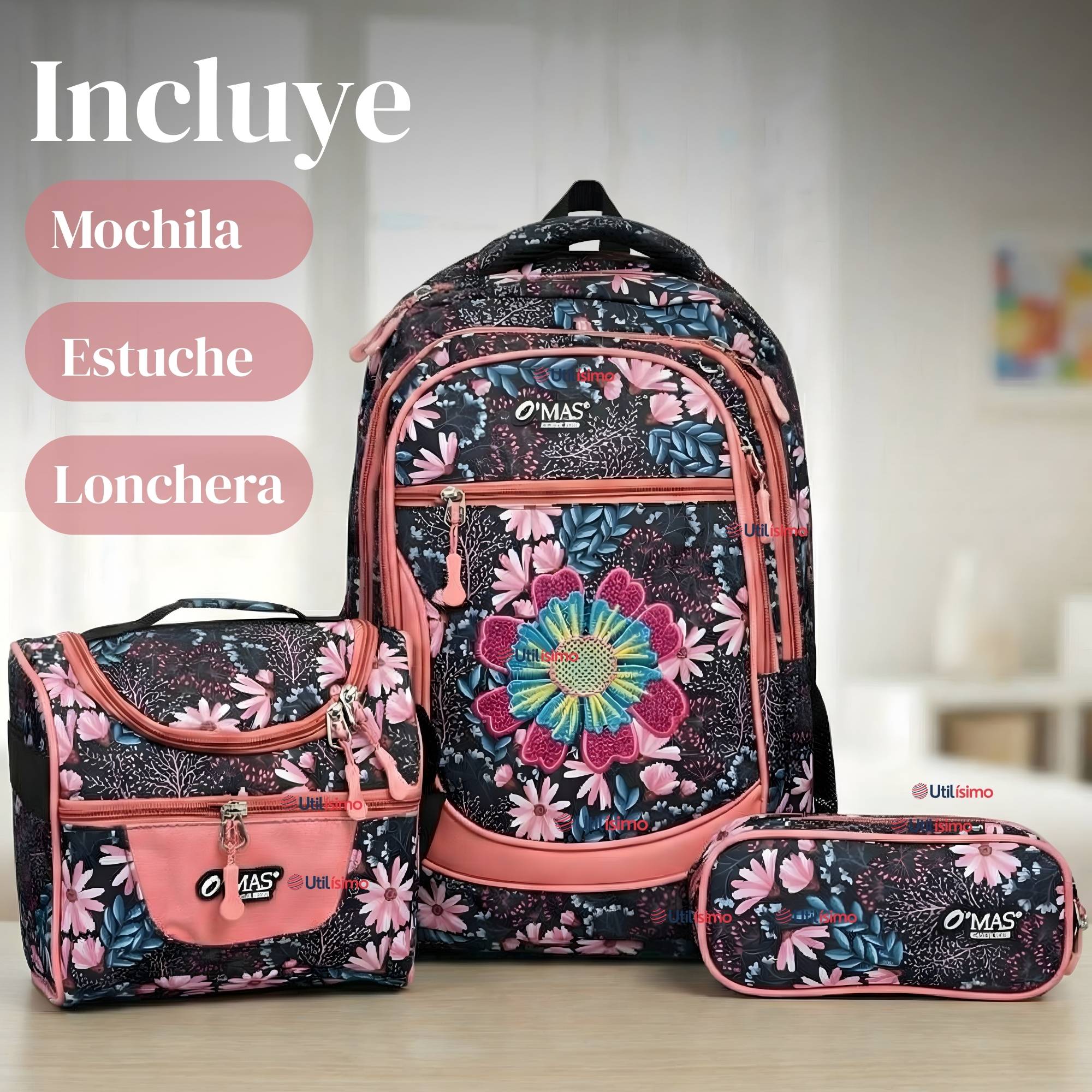 MOCHILA BOLSO ESCOLAR + ESTUCHE + LONCHERA 45CM NIÑA TELA OXFORD NIGHT BLOSSOM - 4