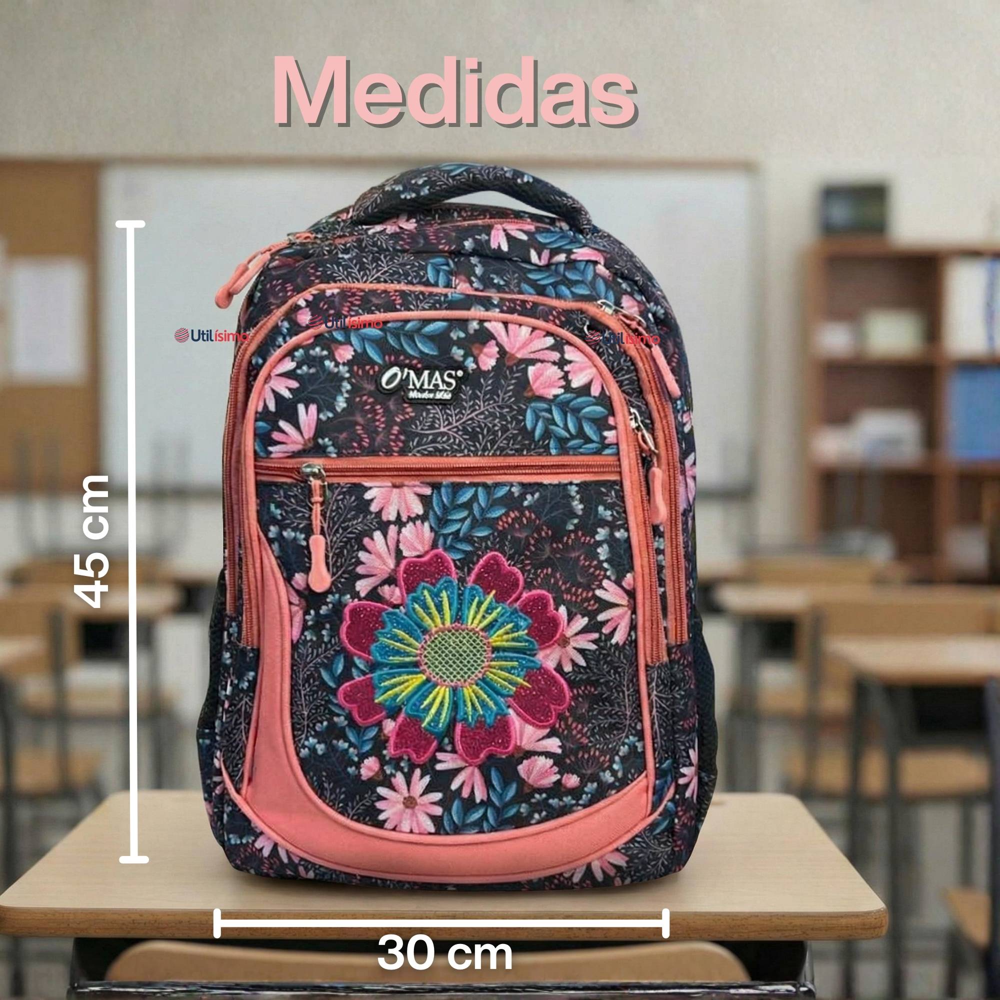 MOCHILA BOLSO ESCOLAR + ESTUCHE + LONCHERA 45CM NIÑA TELA OXFORD NIGHT BLOSSOM - 5