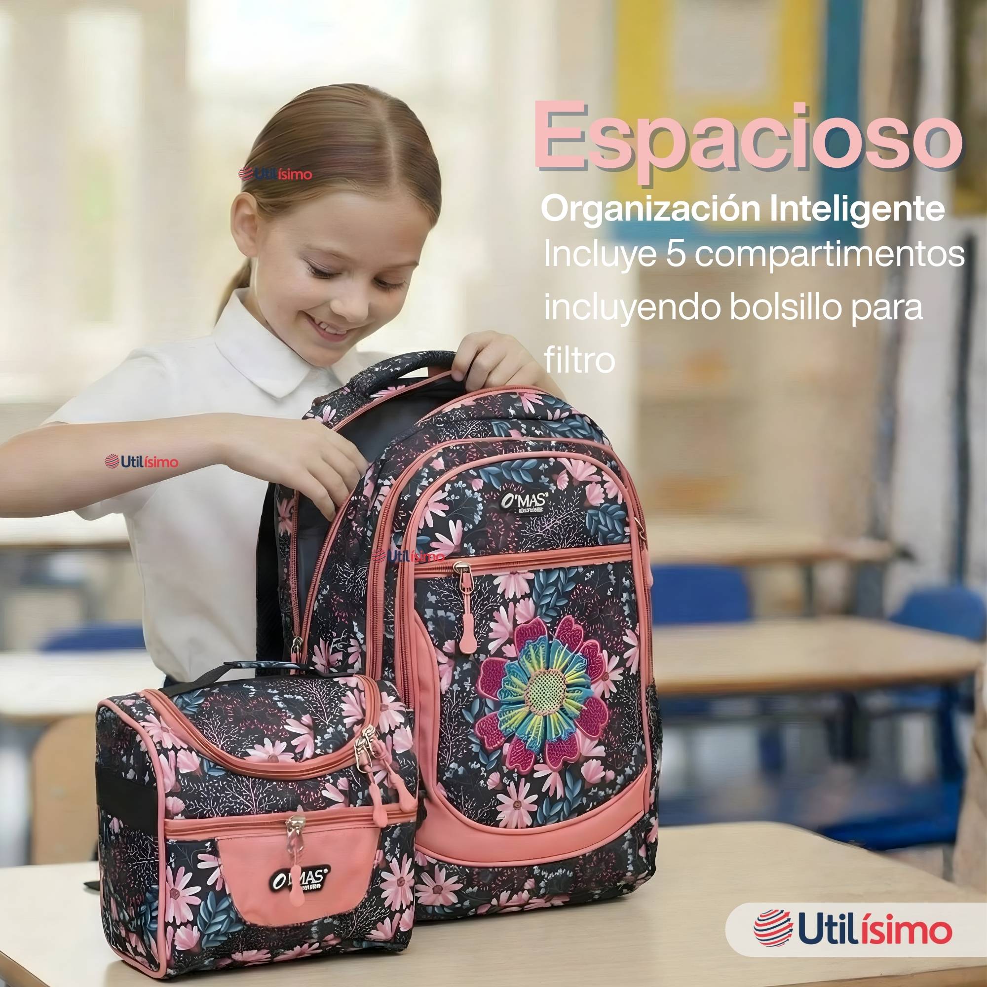 MOCHILA BOLSO ESCOLAR + ESTUCHE + LONCHERA 45CM NIÑA TELA OXFORD NIGHT BLOSSOM - 9