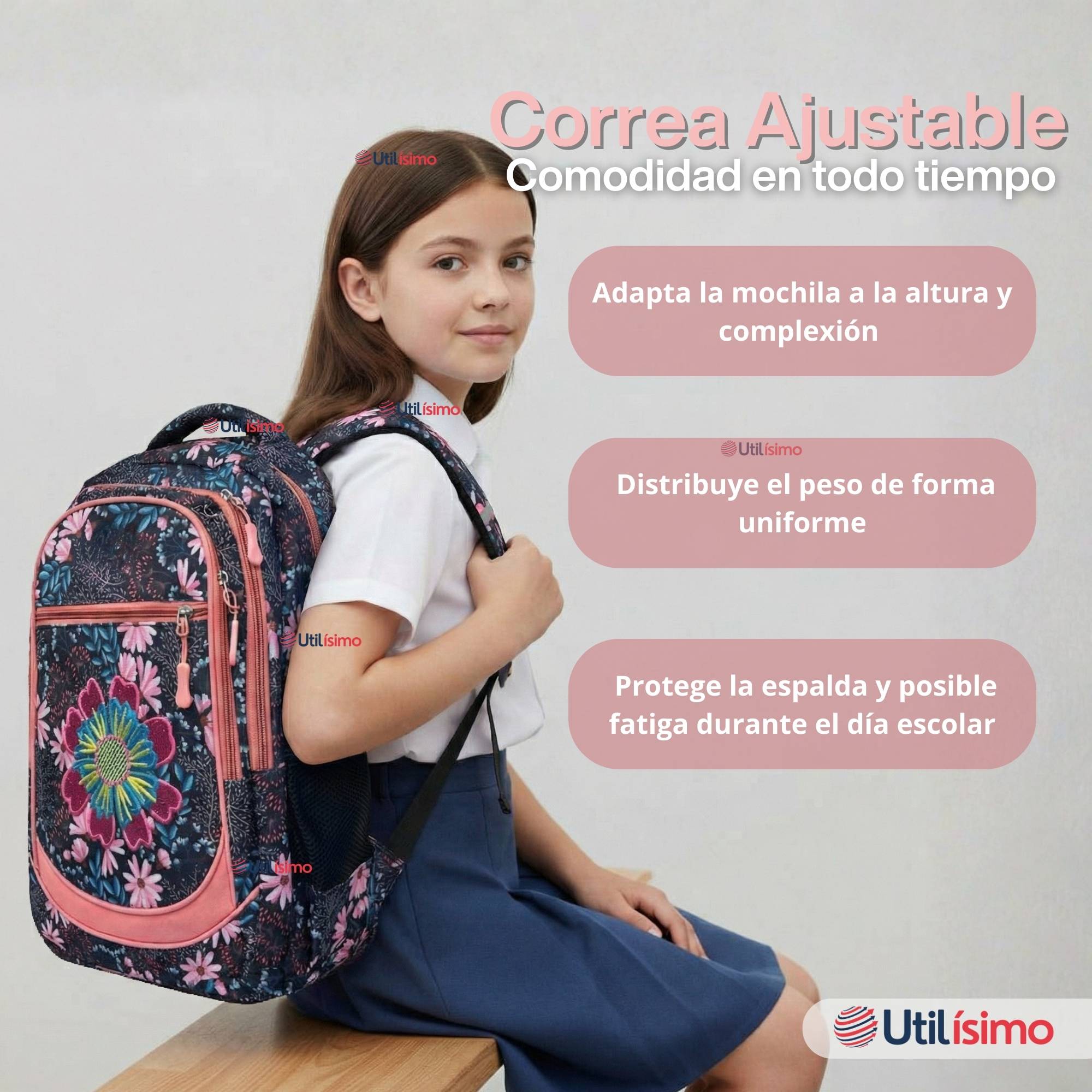 MOCHILA BOLSO ESCOLAR + ESTUCHE + LONCHERA 45CM NIÑA TELA OXFORD NIGHT BLOSSOM - 10