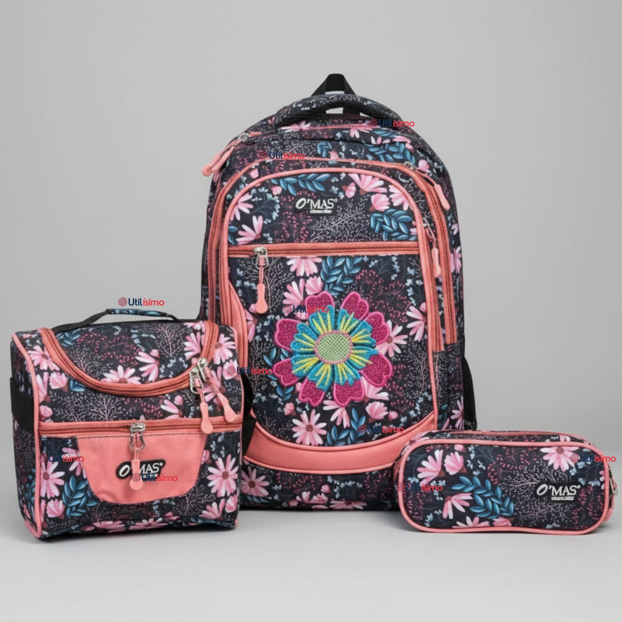 MOCHILA BOLSO ESCOLAR + ESTUCHE + LONCHERA 45CM NIÑA TELA OXFORD NIGHT BLOSSOM - 1
