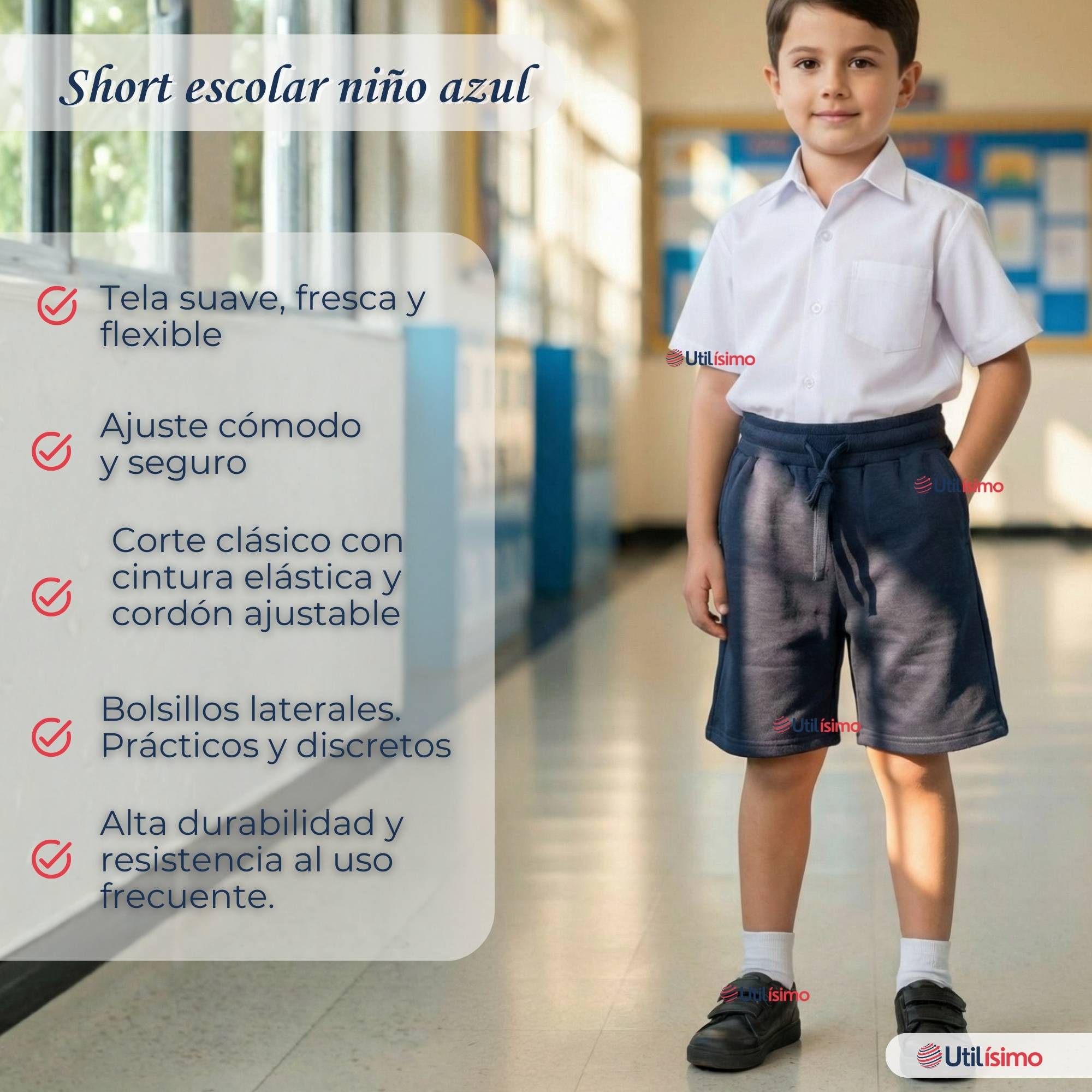 PANTALON CORTO SHORT NIÑO ALGODON DEPORTIVO ESCOLAR AZUL MARINO - 5