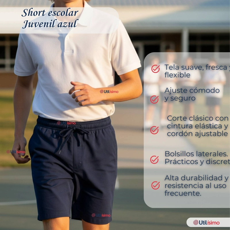 PACK 2 PANTALON CORTO SHORT ESCOLAR JUVENIL ALGODON DEPORTIVO AZUL MARINO - 5