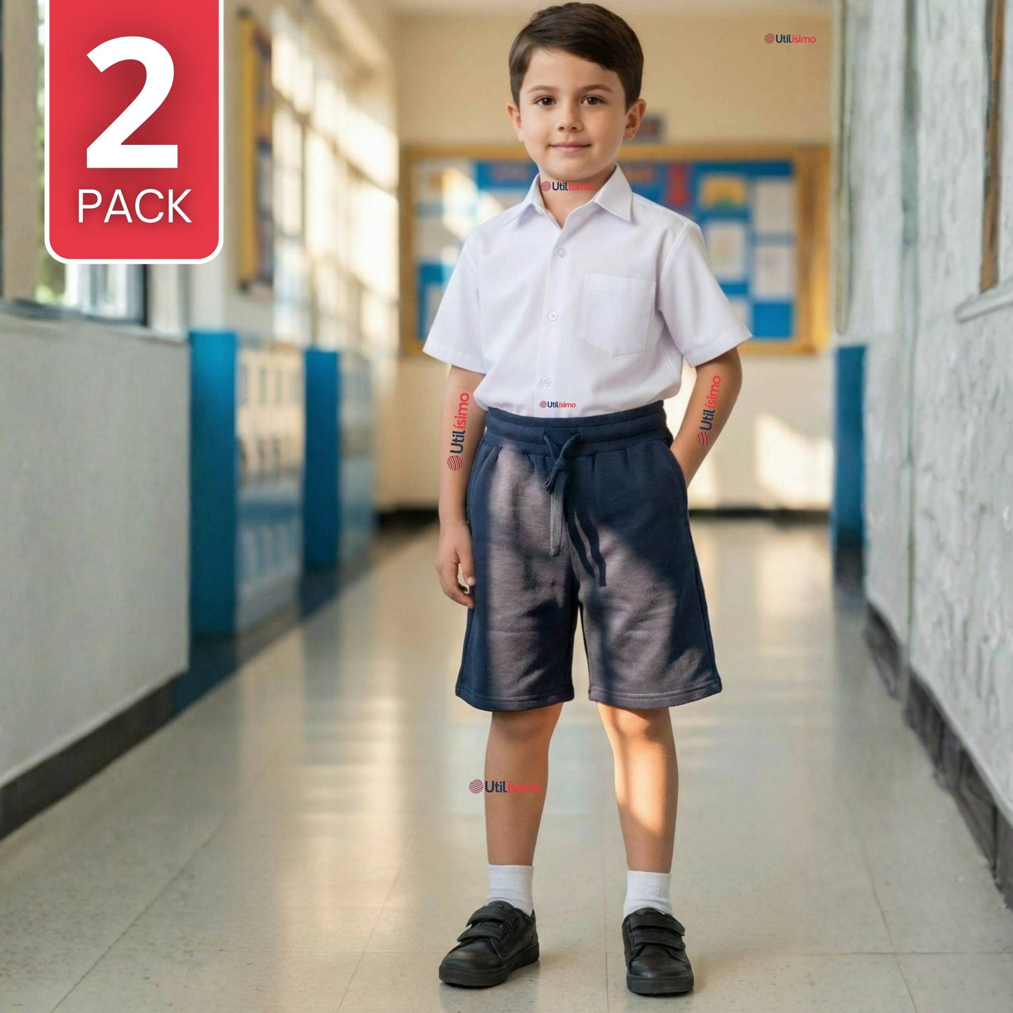 PACK 2 PANTALON CORTO SHORT ESCOLAR NIÑO ALGODON DEPORTIVO AZUL MARINO - 1