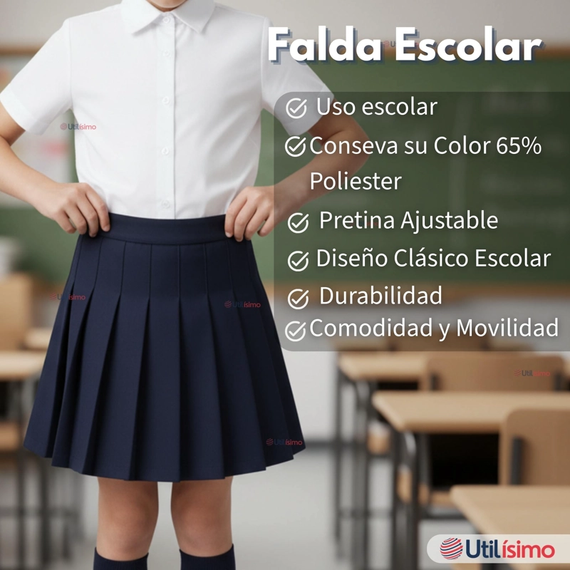 FALDA ESCOLAR COLOR AZUL UNIFORME PARA NIÑAS - 3