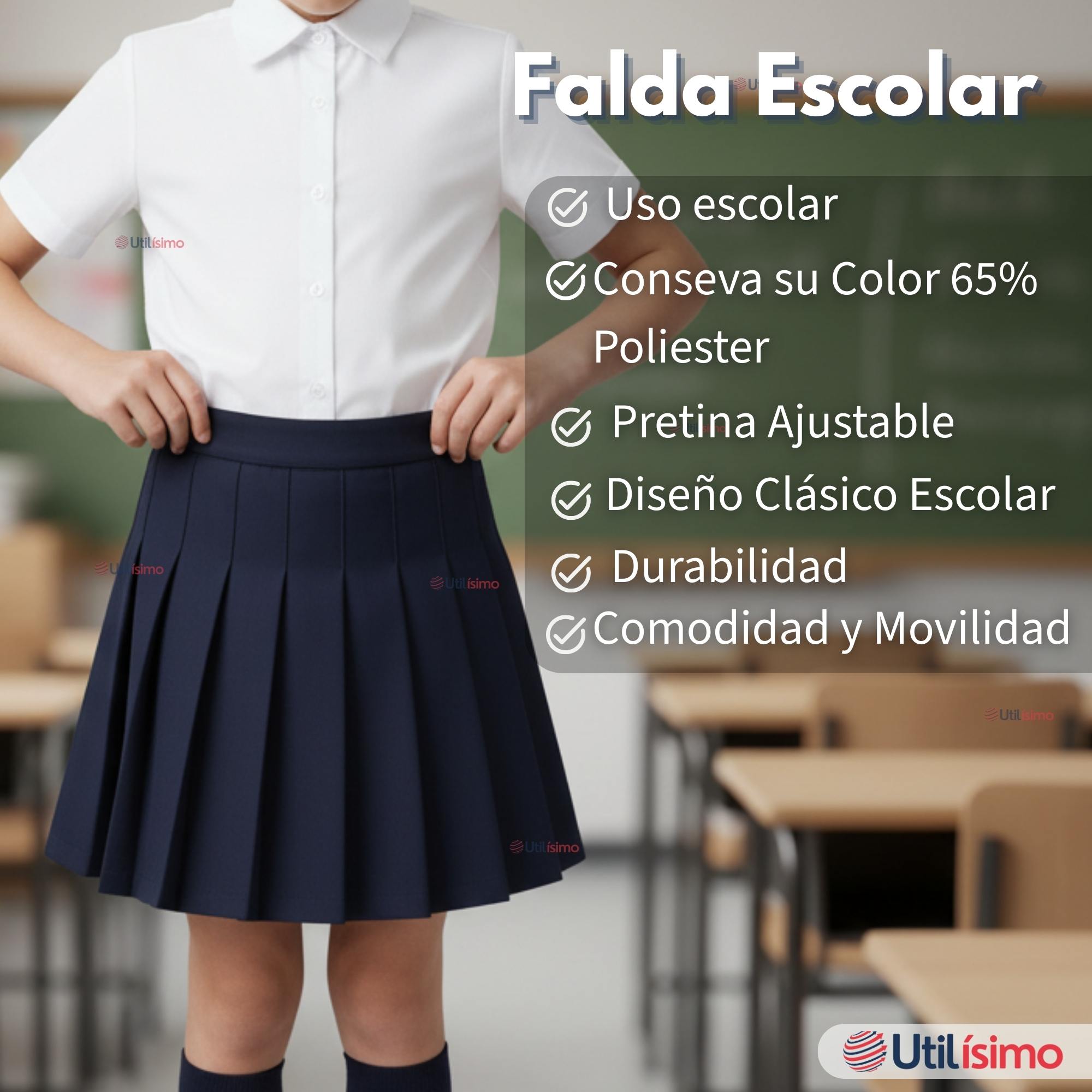 FALDA ESCOLAR COLOR AZUL UNIFORME PARA NIÑAS - 3