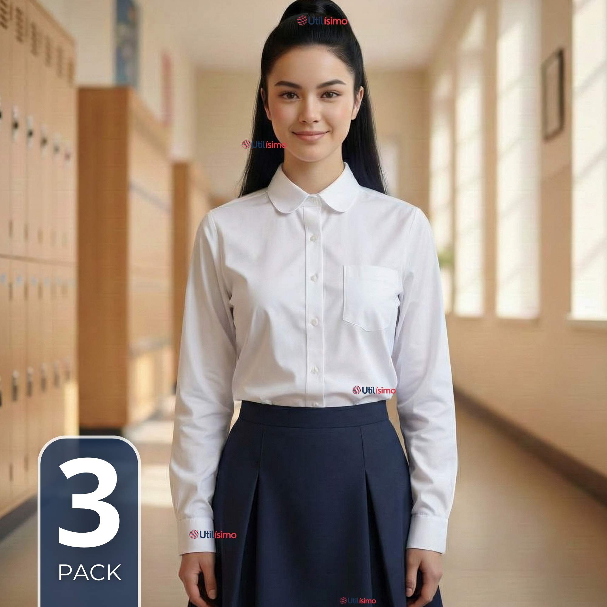 PACK 3 CAMISAS BLUSAS ESCOLARES BLANCA MANGA LARGA COLEGIO PARA NIÑAS Y JUVENIL - 1
