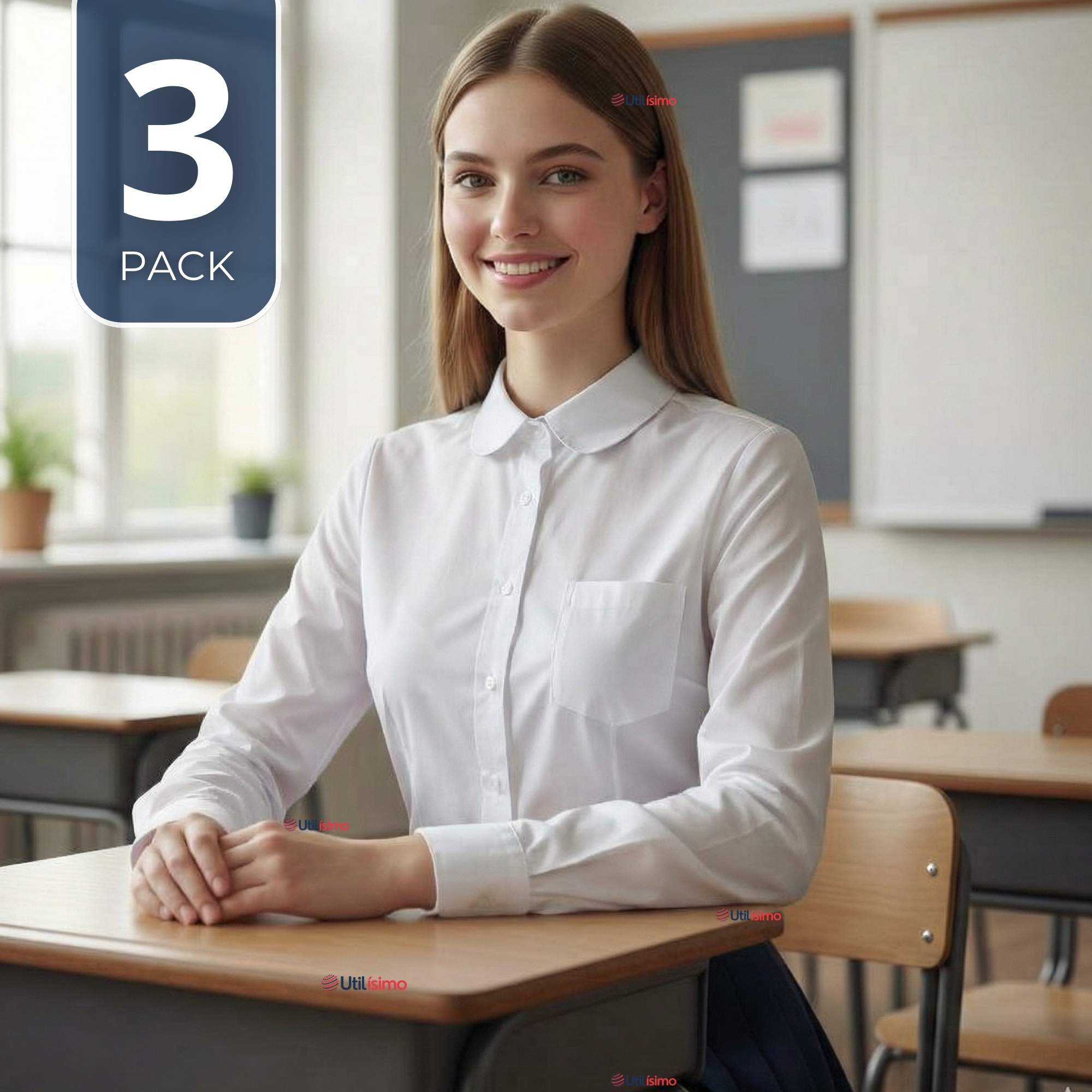 PACK 3 CAMISAS BLUSAS ESCOLARES BLANCA MANGA LARGA COLEGIO PARA NIÑAS Y JUVENIL - 1