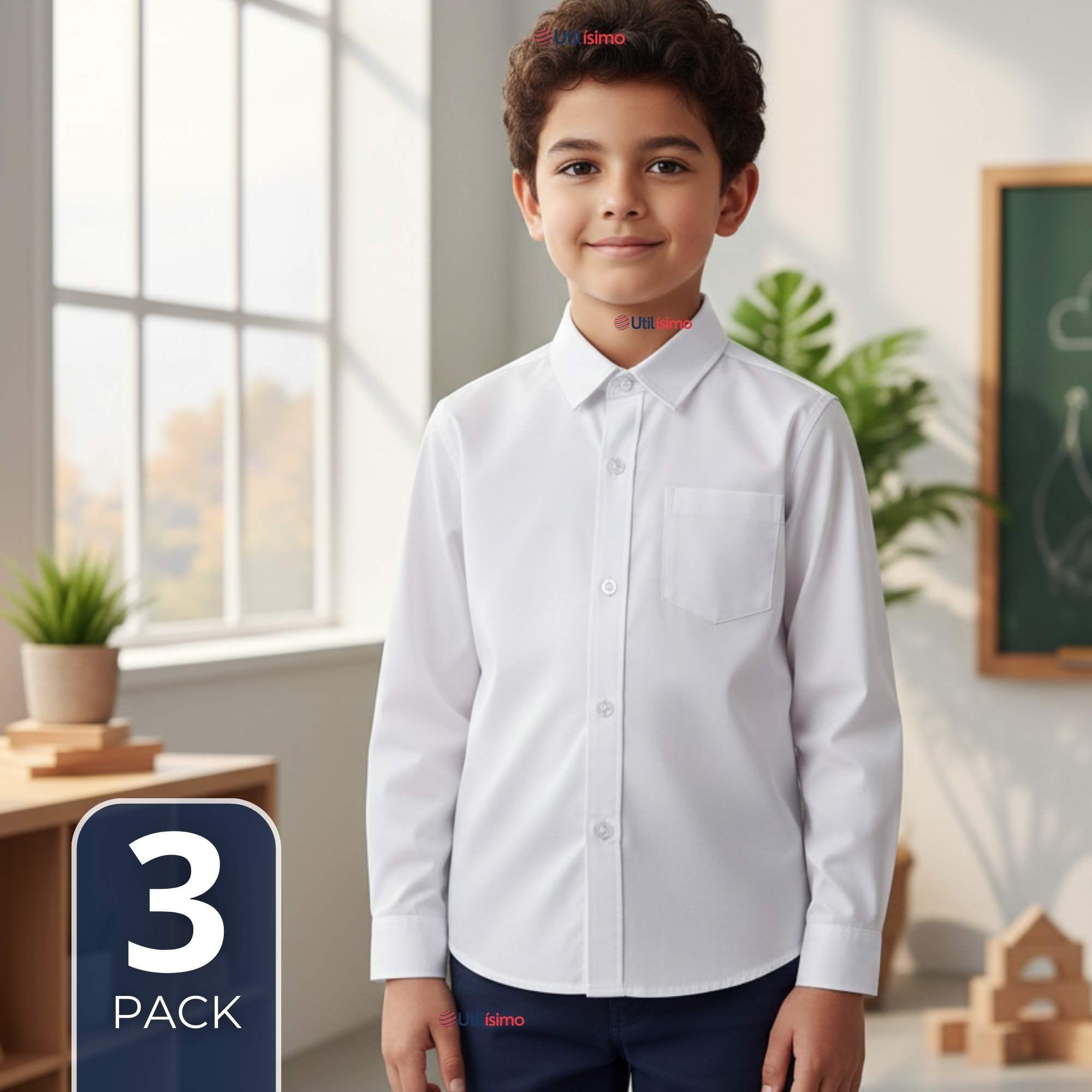 PACK 3 CAMISAS ESCOLARES BLANCA MANGA LARGA COLEGIO PARA NIÑOS Y JUVENIL - 1