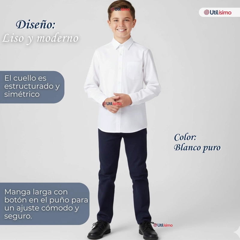 PACK 3 CAMISAS ESCOLARES BLANCA MANGA LARGA COLEGIO PARA NIÑOS Y JUVENIL - 7
