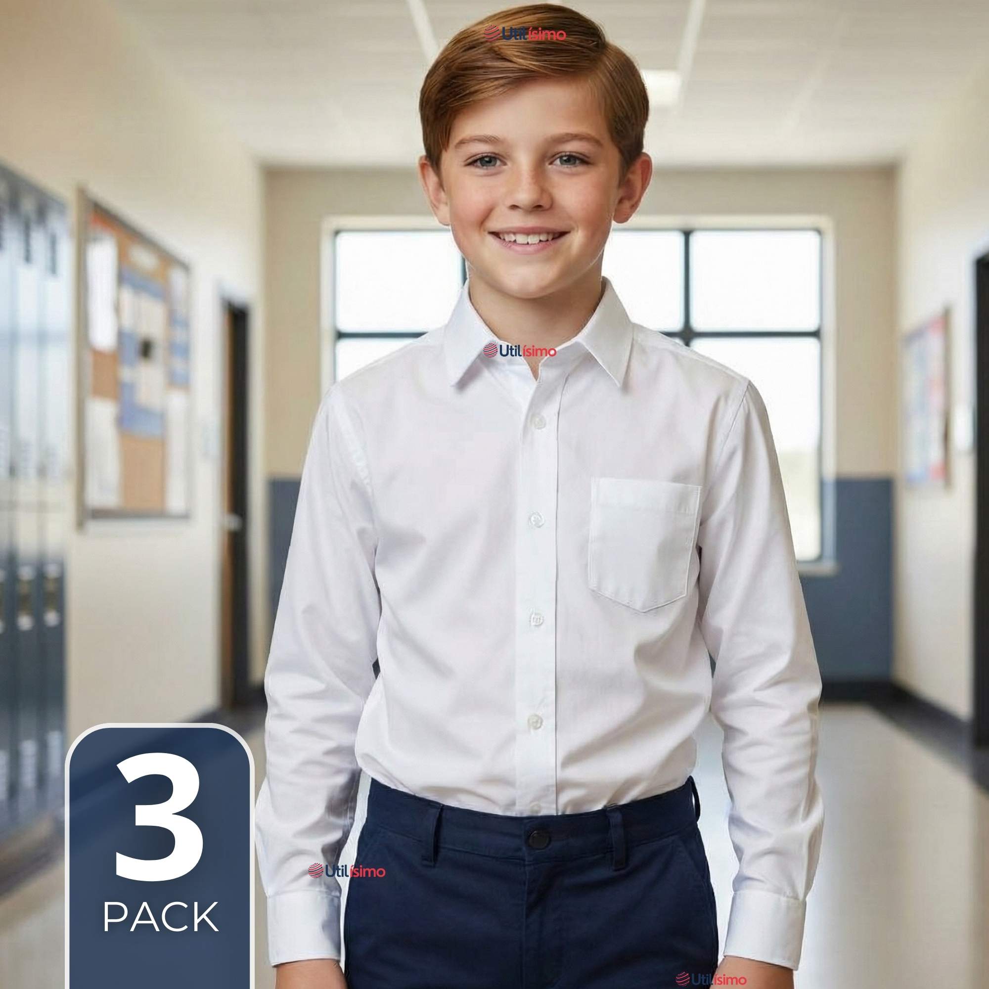 PACK 3 CAMISAS ESCOLARES BLANCA MANGA LARGA COLEGIO PARA NIÑOS Y JUVENIL - 1