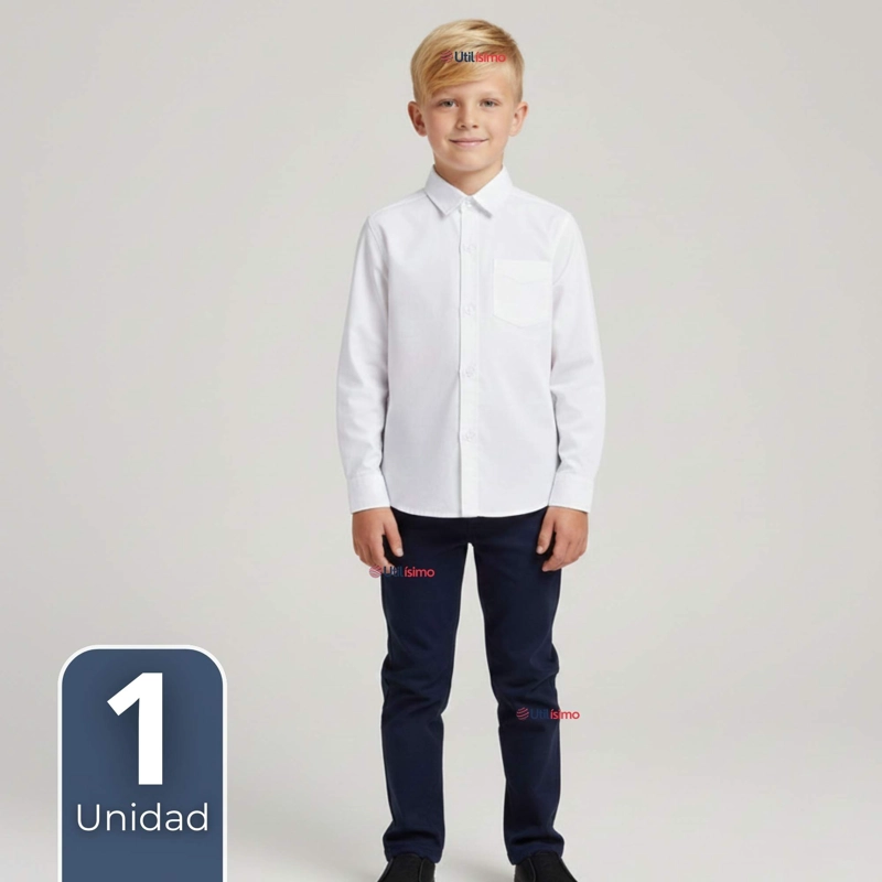 CAMISA ESCOLAR BLANCA MANGA LARGA COLEGIO PARA NIÑOS Y JUVENIL - 1
