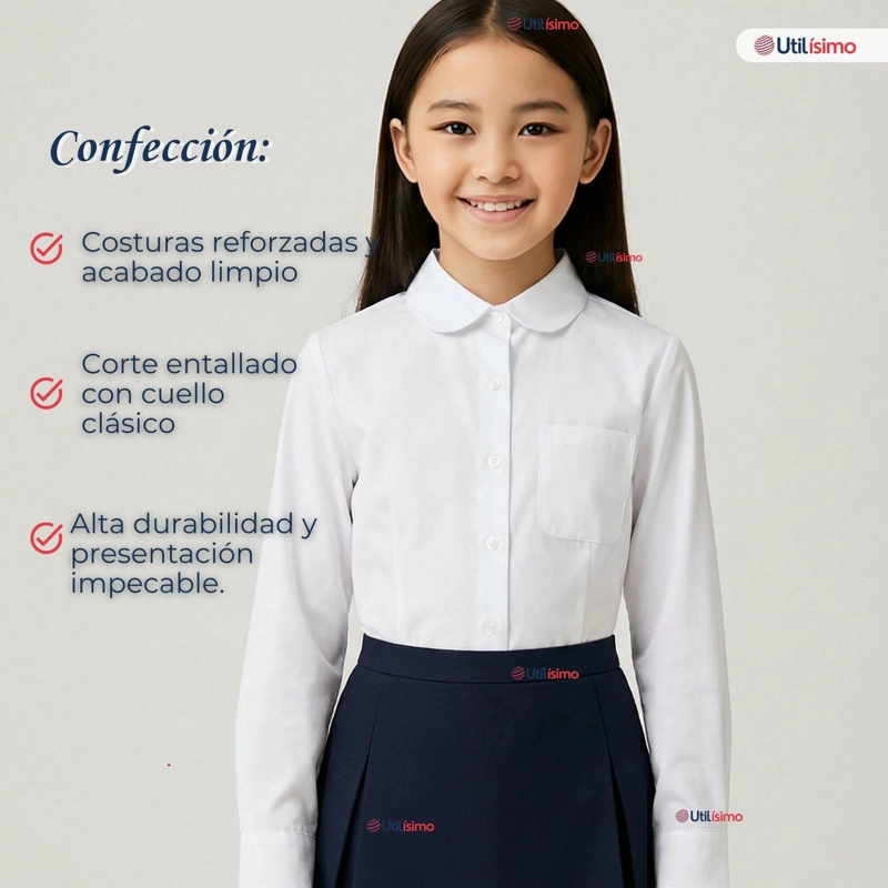 BLUSA ESCOLAR CAMISA BLANCA MANGA LARGA COLEGIO PARA NIÑAS Y JUVENIL - 9