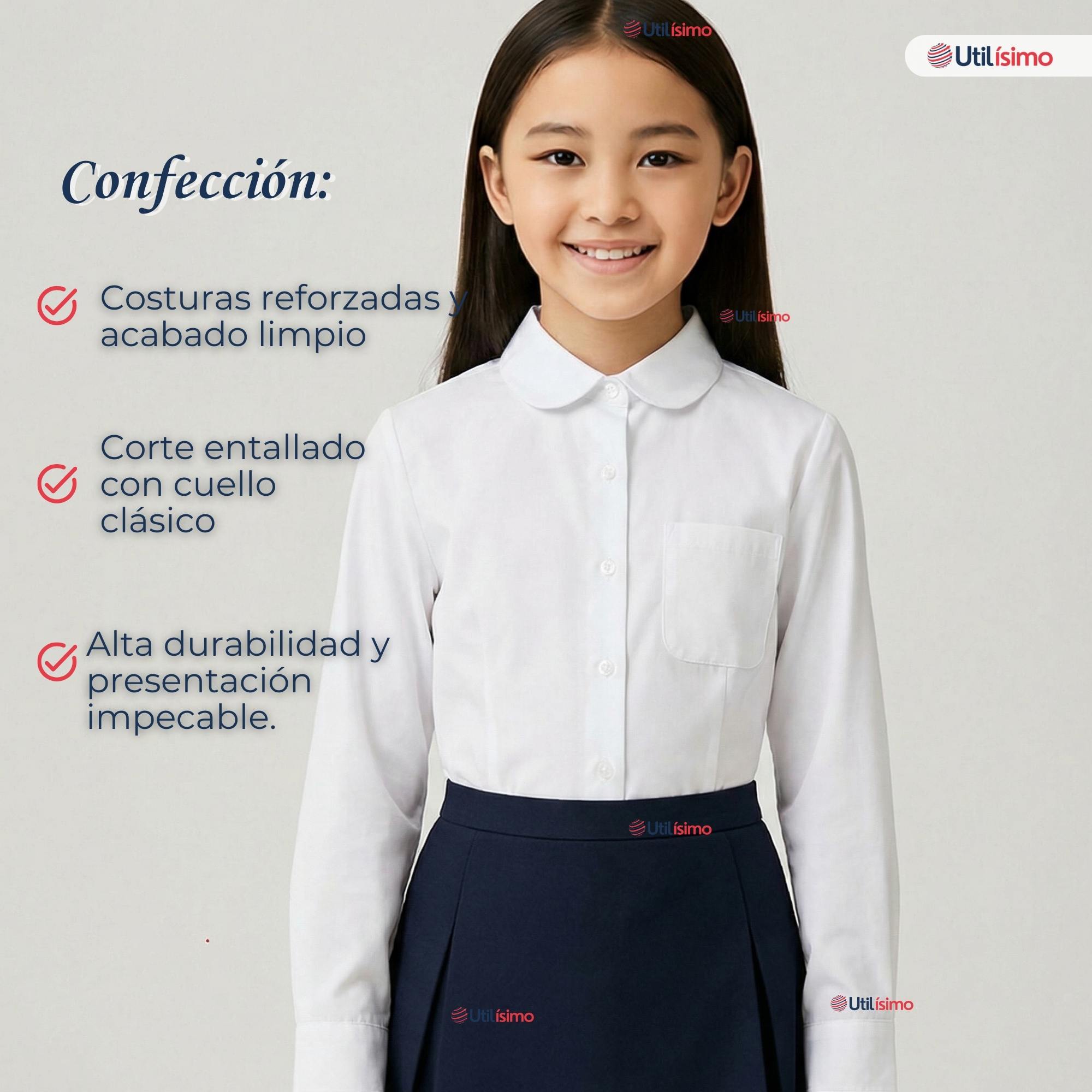 BLUSA ESCOLAR CAMISA BLANCA MANGA LARGA COLEGIO PARA NIÑAS Y JUVENIL - 7