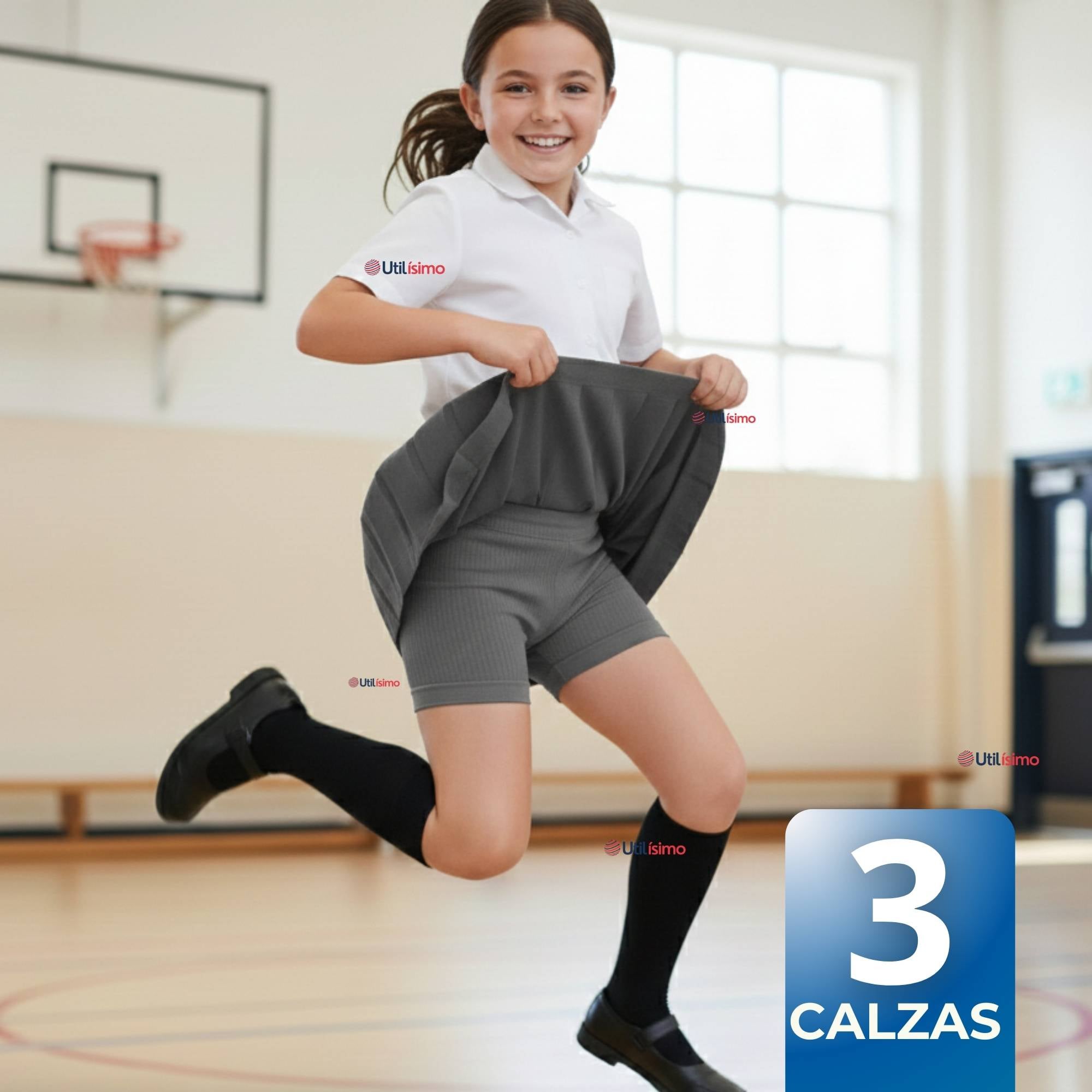 PACK 3 CALZAS CORTAS ESCOLAR PATA DEPORTIVAS NIÑA COLOR GRIS - 1