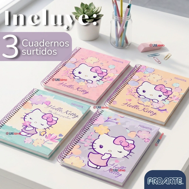 PACK 3 CUADERNOS UNIVERSITARIO HELLO KITTY 150 HOJAS TAPA GRUESA PROARTE DISEÑO SURTIDO - 2