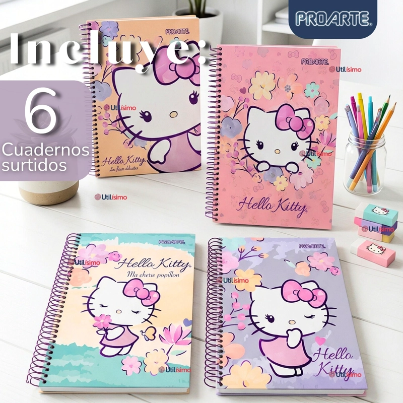 PACK 6 CUADERNOS UNIVERSITARIO HELLO KITTY 150 HOJAS TAPA GRUESA PROARTE DISEÑO SURTIDO - 4