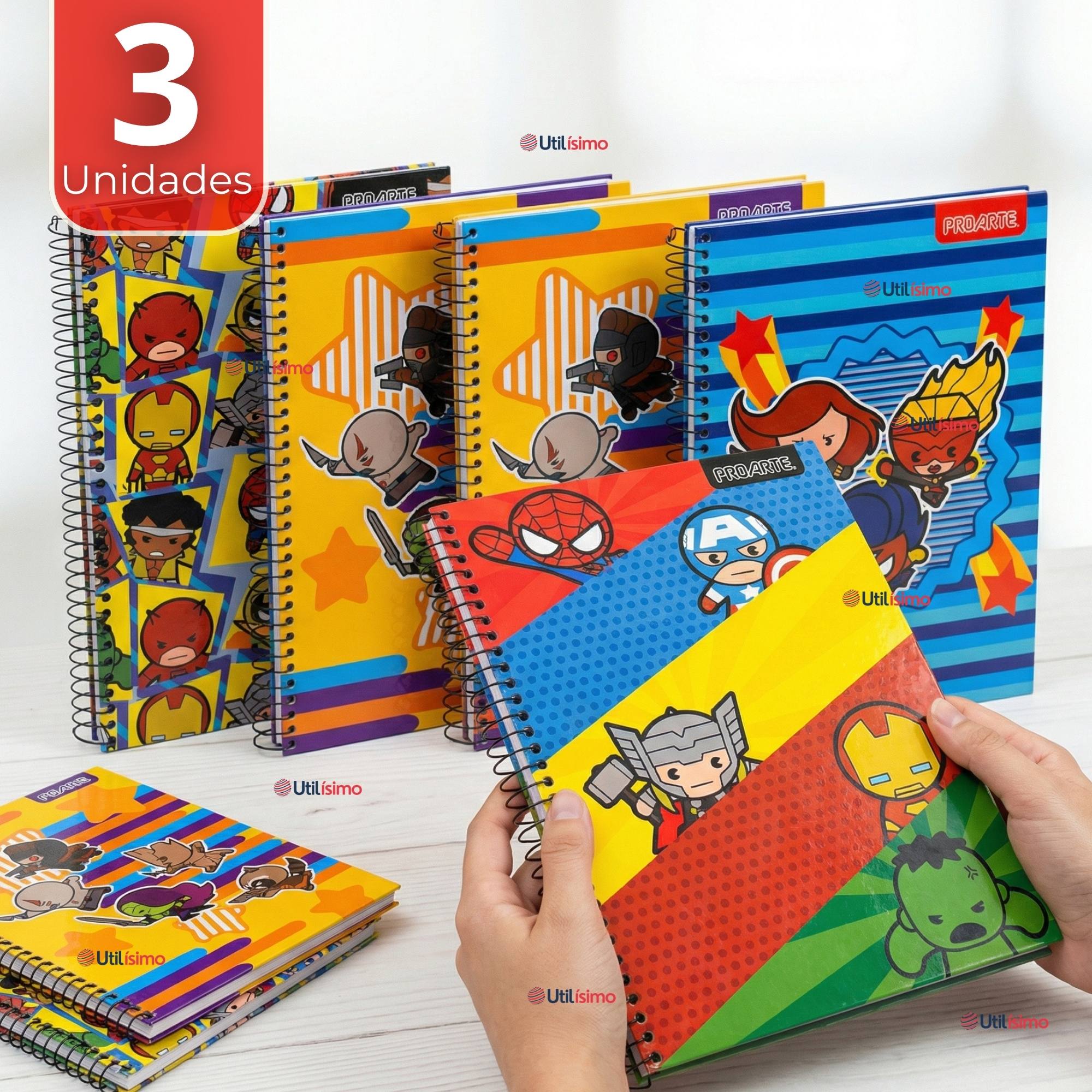PACK 3 CUADERNOS UNIVERSITARIO MARVEL HEROES KAWAII 150 HOJAS TAPA GRUESA PROARTE DISEÑOS SURTIDOS - 1
