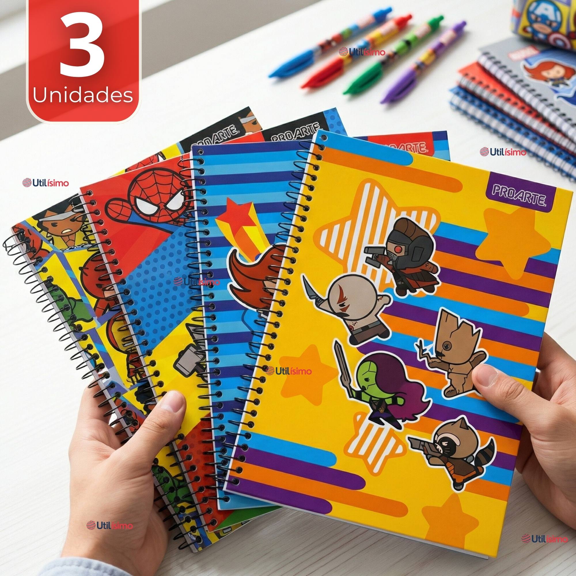 PACK 3 CUADERNOS UNIVERSITARIO MARVEL HEROES KAWAII 150 HOJAS TAPA GRUESA PROARTE DISEÑOS SURTIDOS - 1