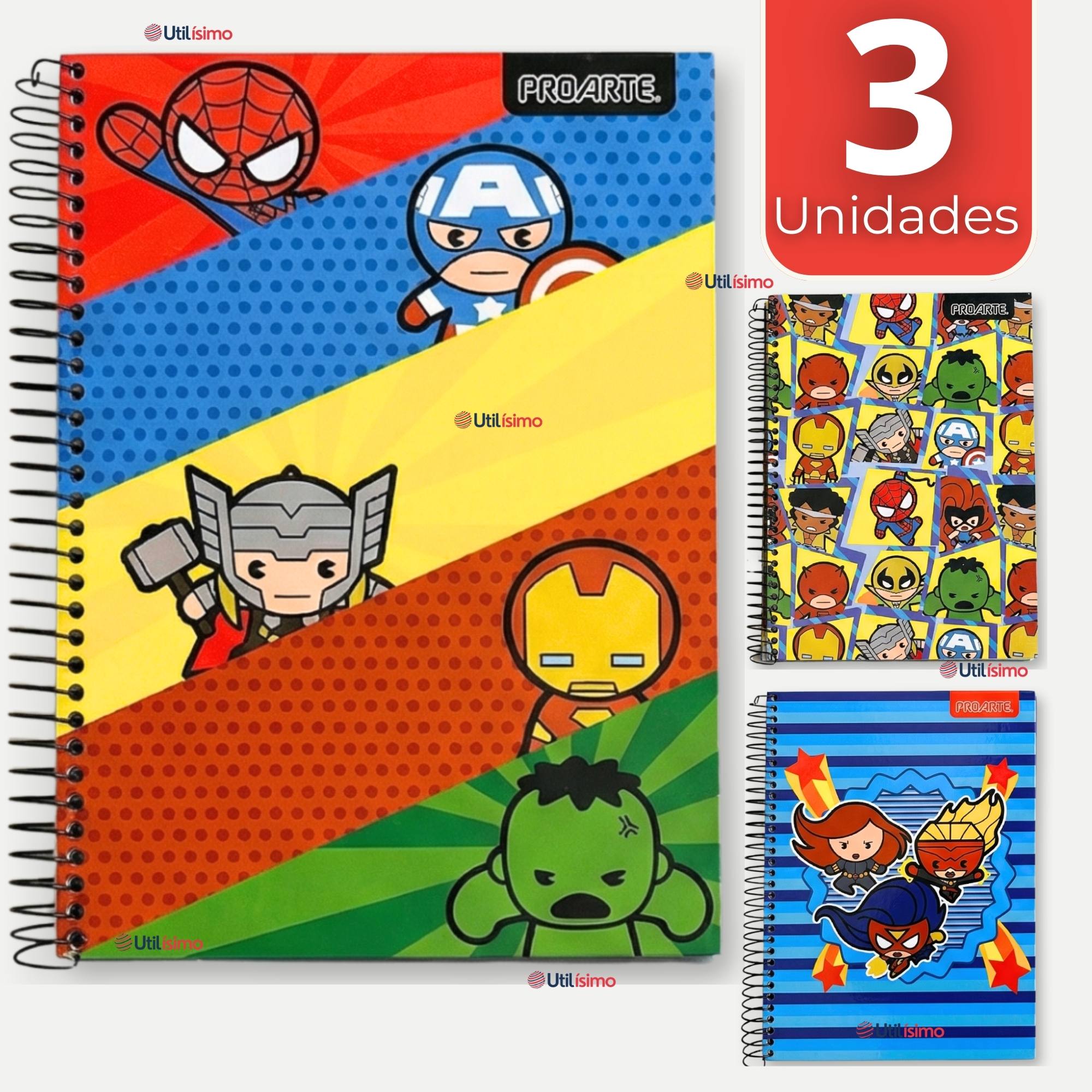 PACK 3 CUADERNOS UNIVERSITARIO MARVEL HEROES KAWAII 150 HOJAS TAPA GRUESA PROARTE DISEÑOS SURTIDOS - 1
