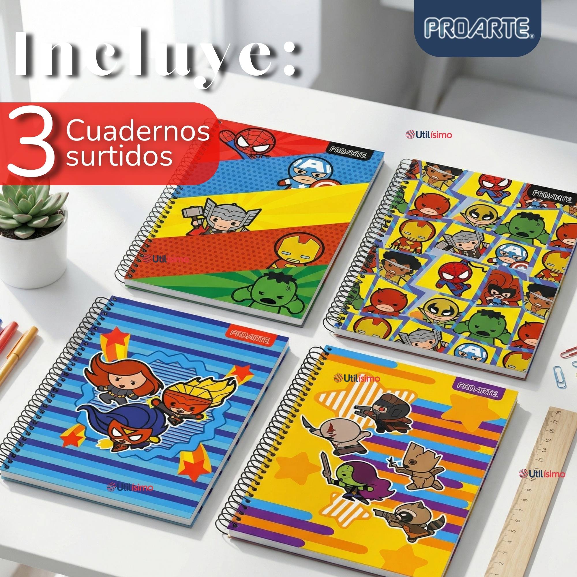 PACK 3 CUADERNOS UNIVERSITARIO MARVEL HEROES KAWAII 150 HOJAS TAPA GRUESA PROARTE DISEÑOS SURTIDOS - 3
