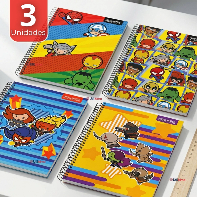 PACK 3 CUADERNOS UNIVERSITARIO MARVEL HEROES KAWAII 150 HOJAS TAPA GRUESA PROARTE DISEÑOS SURTIDOS - 1