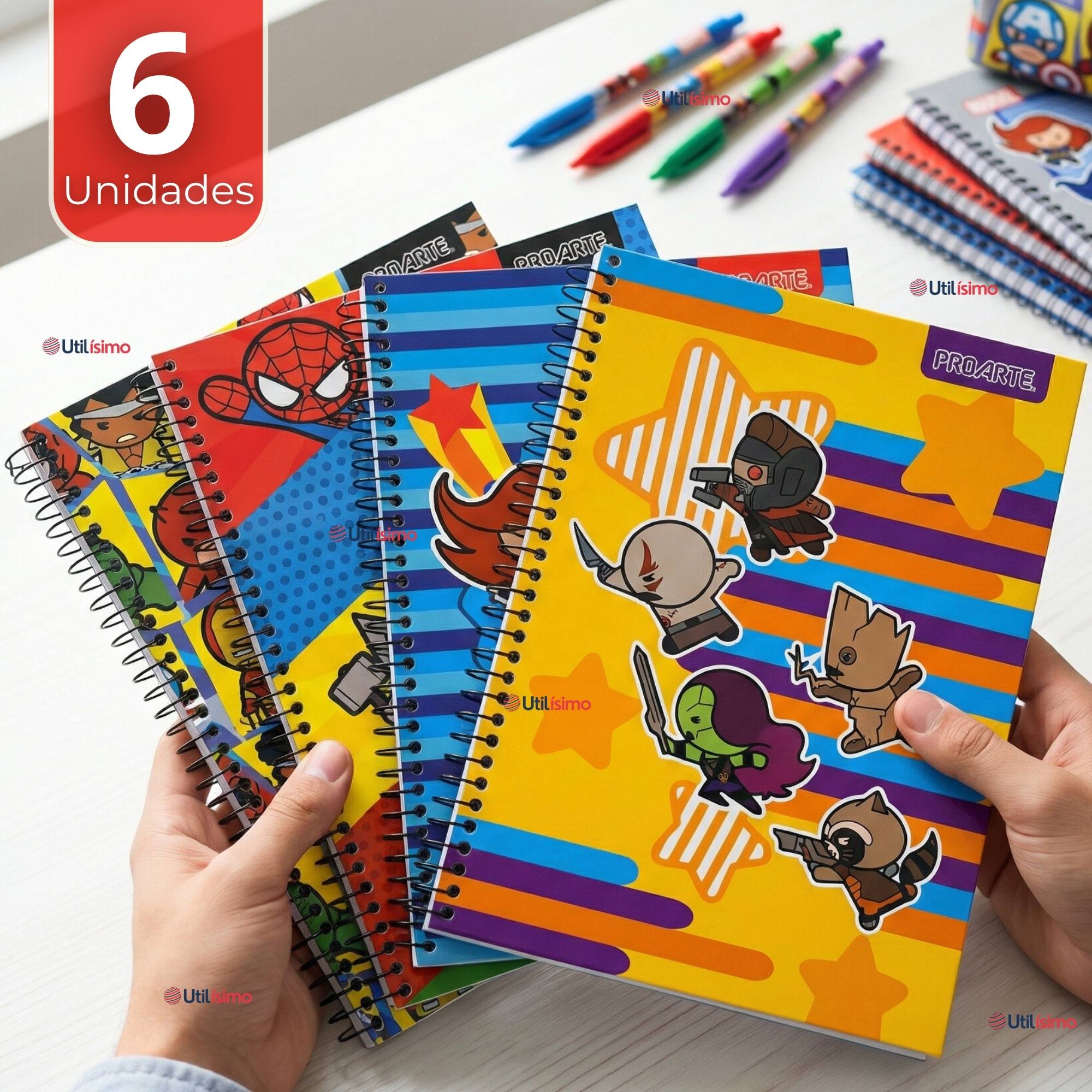 PACK 6 CUADERNOS UNIVERSITARIO MARVEL HEROES KAWAII 150 HOJAS TAPA GRUESA PROARTE DISEÑOS SURTIDOS - 1