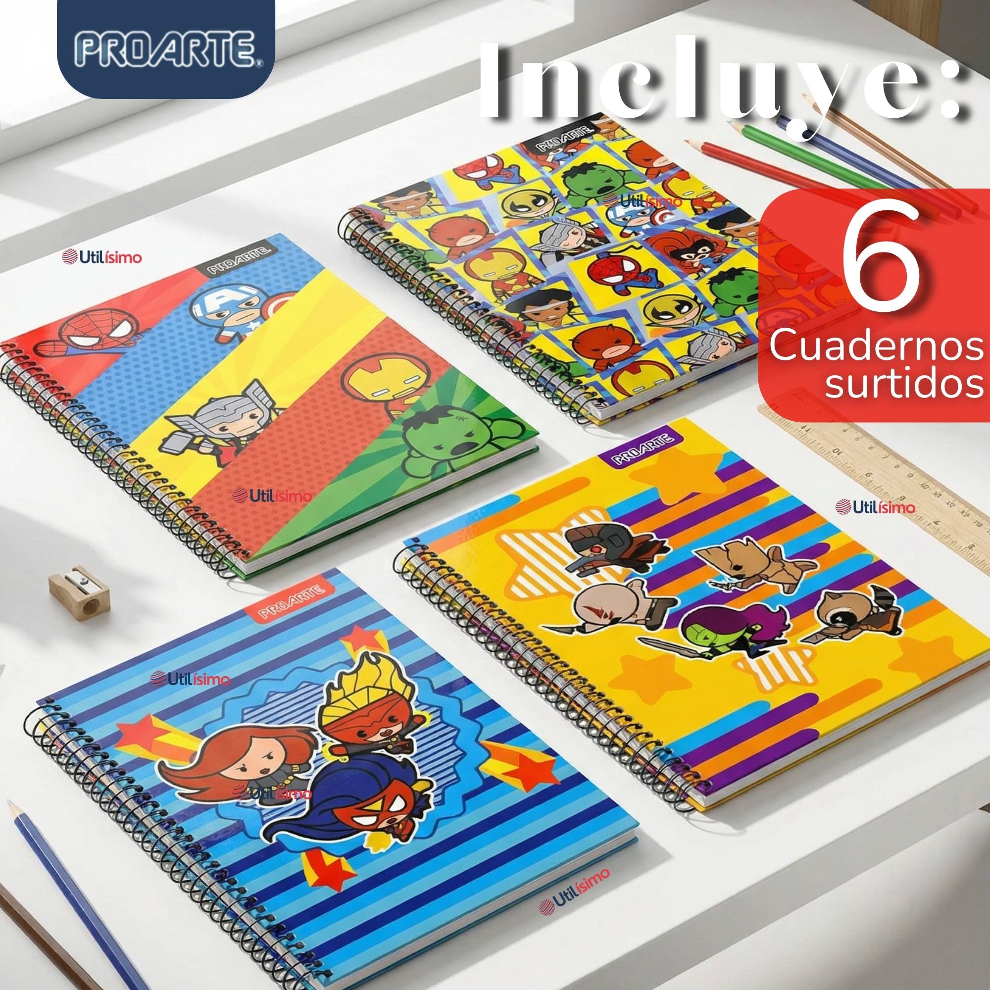 PACK 6 CUADERNOS UNIVERSITARIO MARVEL HEROES KAWAII 150 HOJAS TAPA GRUESA PROARTE DISEÑOS SURTIDOS - 3