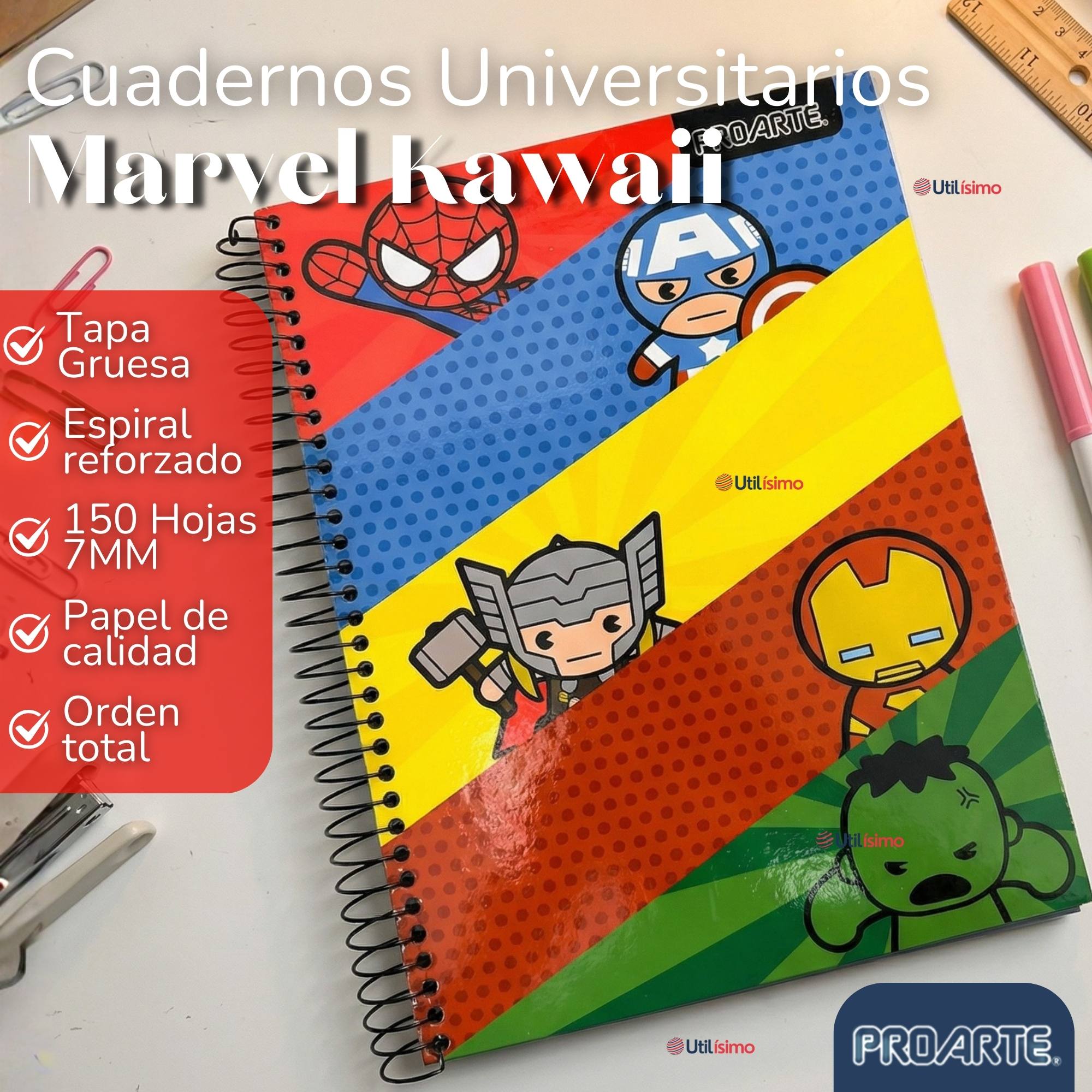 PACK 6 CUADERNOS UNIVERSITARIO MARVEL HEROES KAWAII 150 HOJAS TAPA GRUESA PROARTE DISEÑOS SURTIDOS - 4
