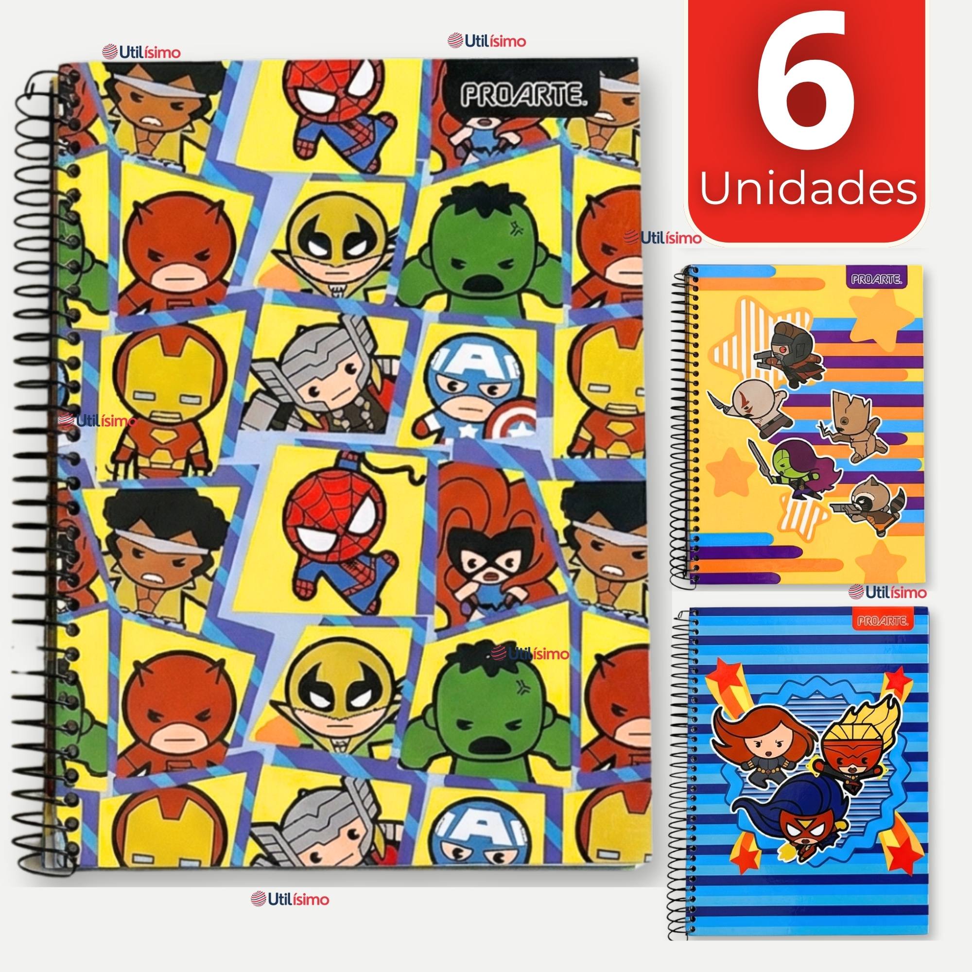 PACK 6 CUADERNOS UNIVERSITARIO MARVEL HEROES KAWAII 150 HOJAS TAPA GRUESA PROARTE DISEÑOS SURTIDOS - 1