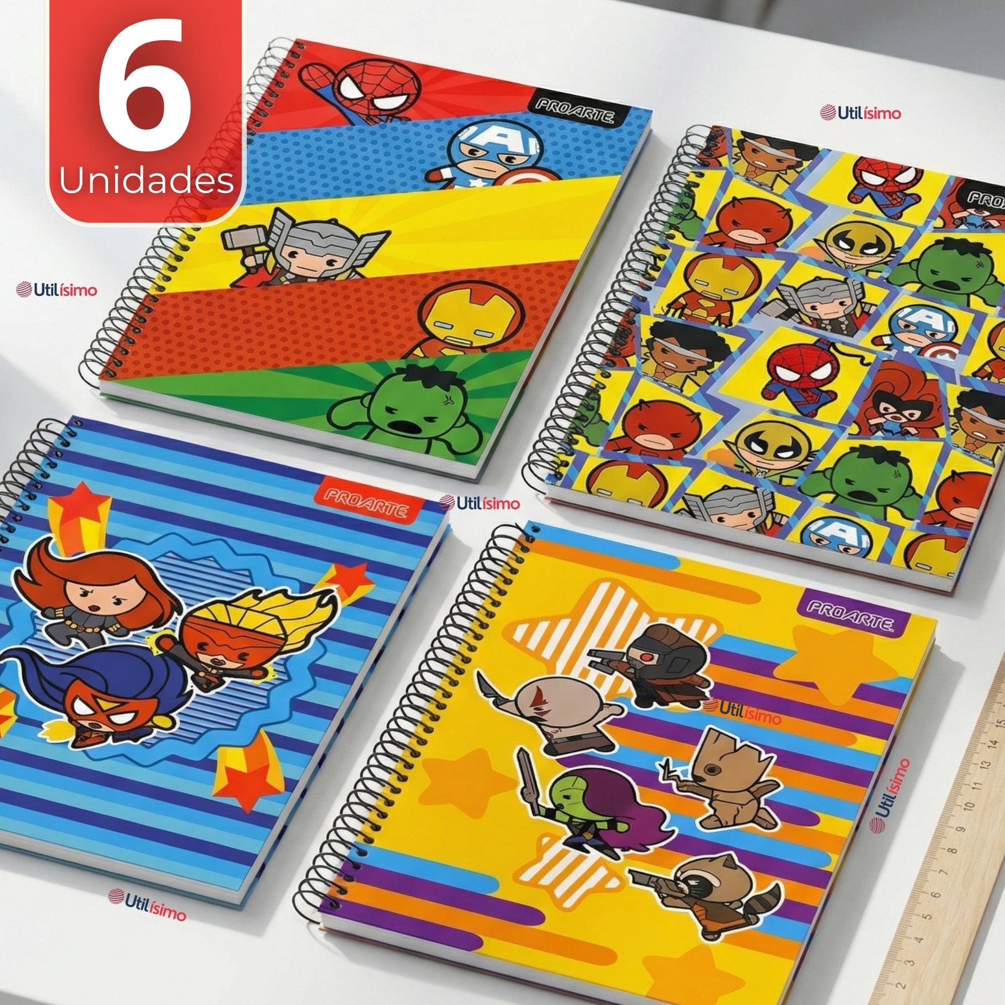 PACK 6 CUADERNOS UNIVERSITARIO MARVEL HEROES KAWAII 150 HOJAS TAPA GRUESA PROARTE DISEÑOS SURTIDOS - 1
