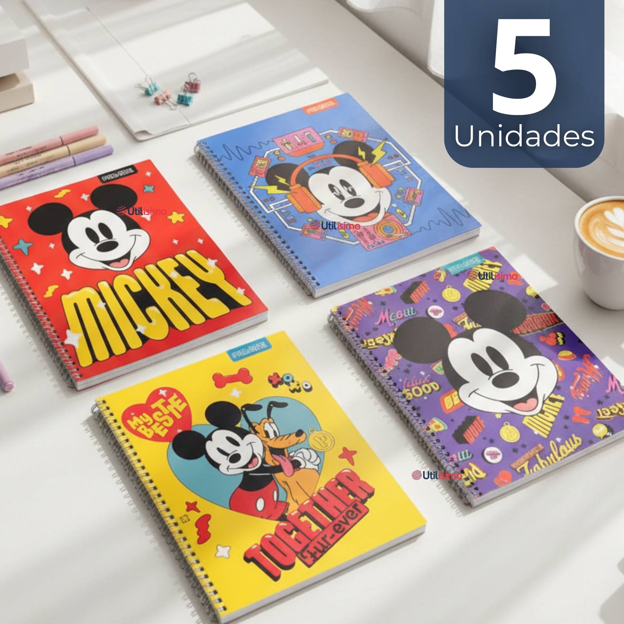 PACK 5 CUADERNOS UNIVERSITARIOS MICKEY MOUSE PROARTE 7MM 100 HOJAS DISEÑOS SURTIDOS - 1