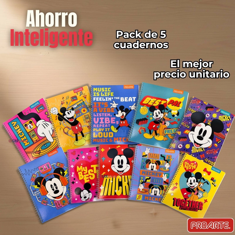 PACK 5 CUADERNOS UNIVERSITARIOS MICKEY MOUSE PROARTE 7MM 100 HOJAS DISEÑOS SURTIDOS - 7