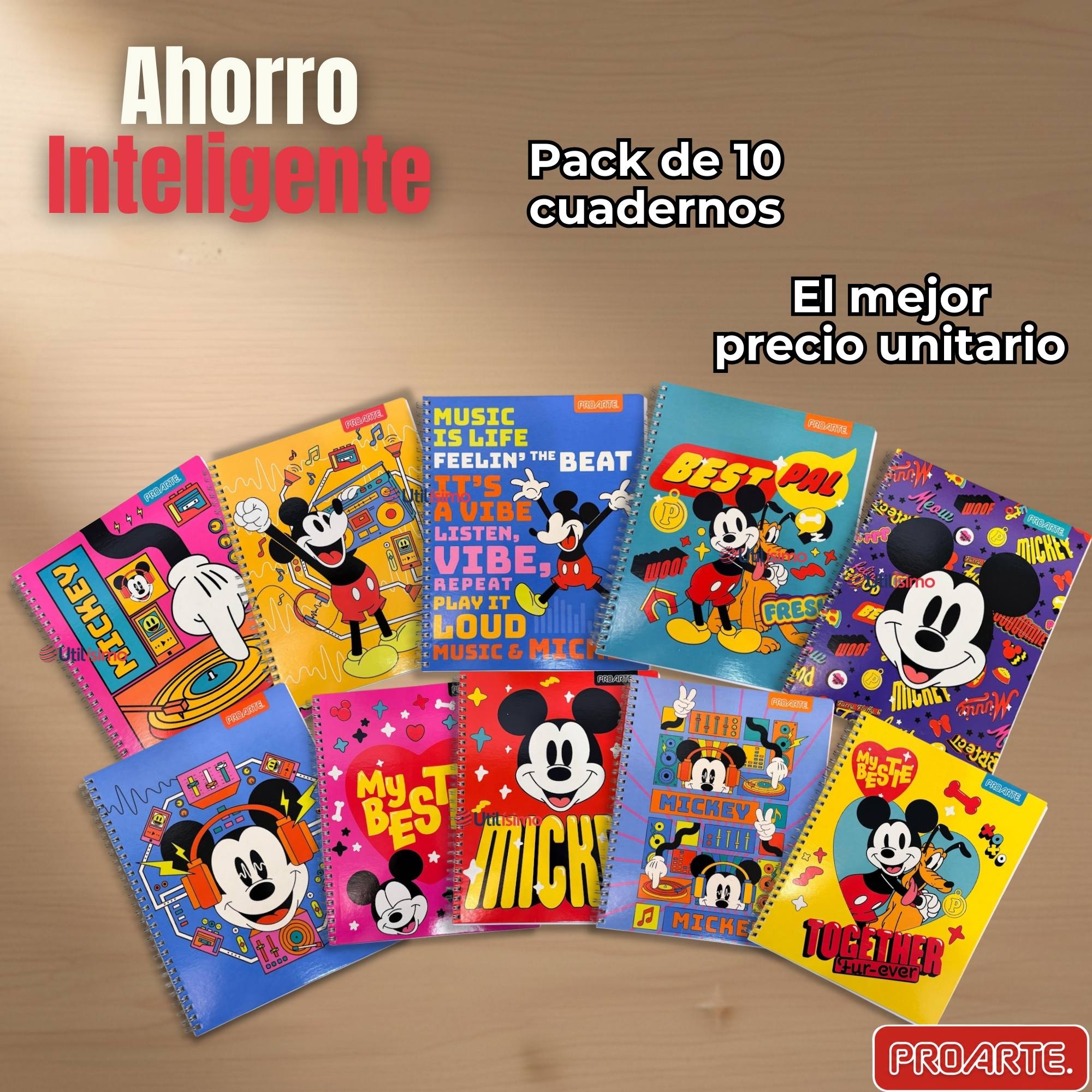 PACK 10 CUADERNOS UNIVERSITARIOS MICKEY MOUSE PROARTE 7MM 100 HOJAS DISEÑOS SURTIDOS - 7