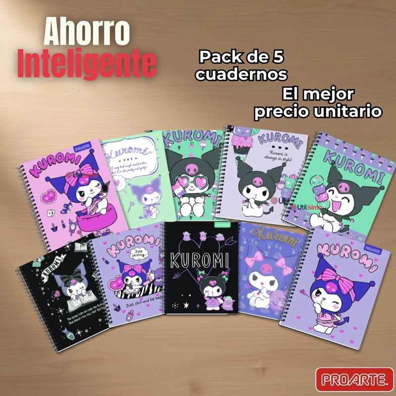 PACK 5 CUADERNOS UNIVERSITARIOS KUROMI PROARTE 7MM 100 HOJAS DISEÑOS SURTIDOS - 6