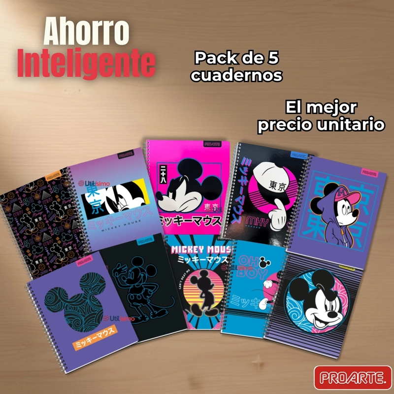 PACK 5 CUADERNOS UNIVERSITARIOS MICKEY MOUSE PROARTE 7MM 100 HOJAS DISEÑOS SURTIDOS - 7