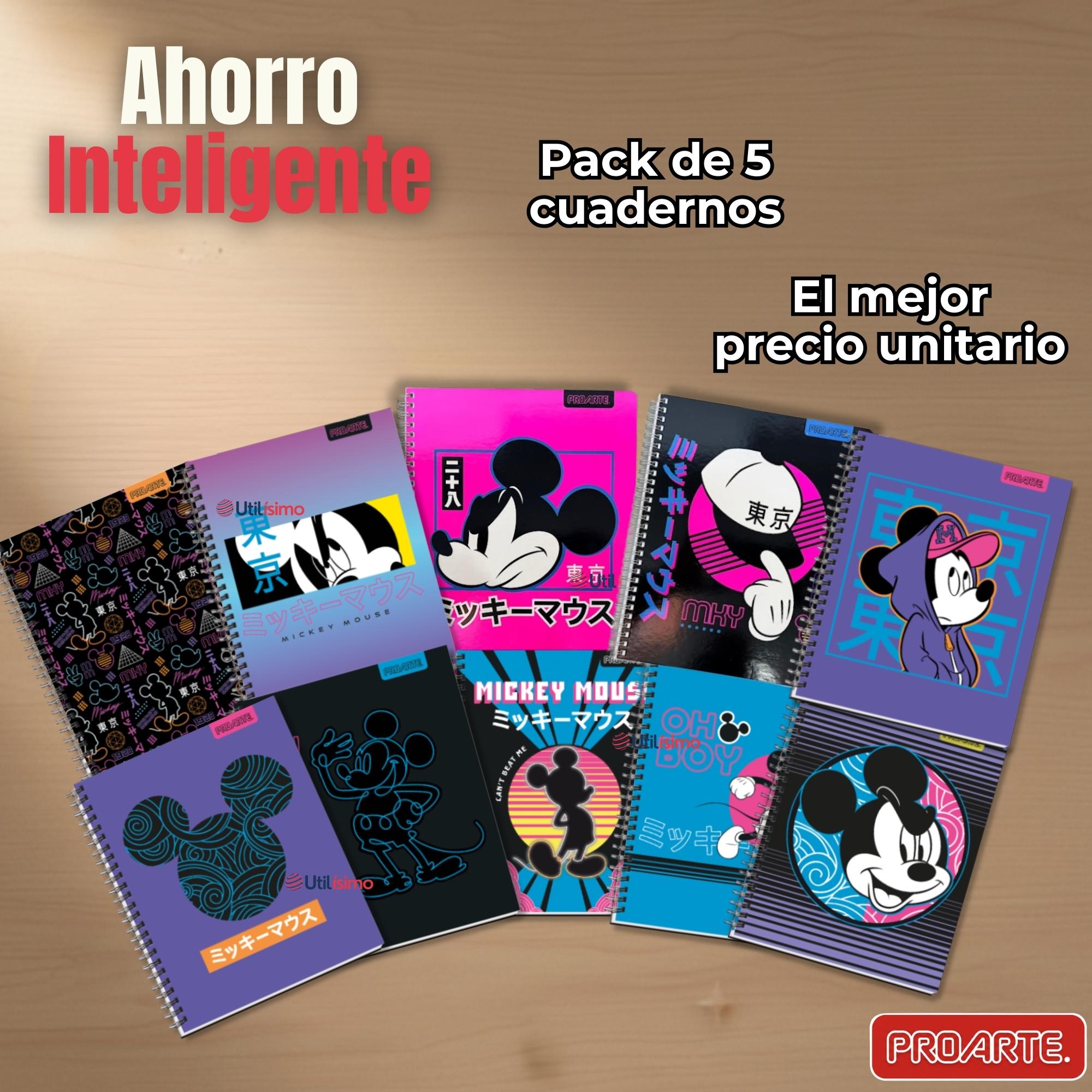 PACK 5 CUADERNOS UNIVERSITARIOS MICKEY MOUSE PROARTE 7MM 100 HOJAS DISEÑOS SURTIDOS - 7